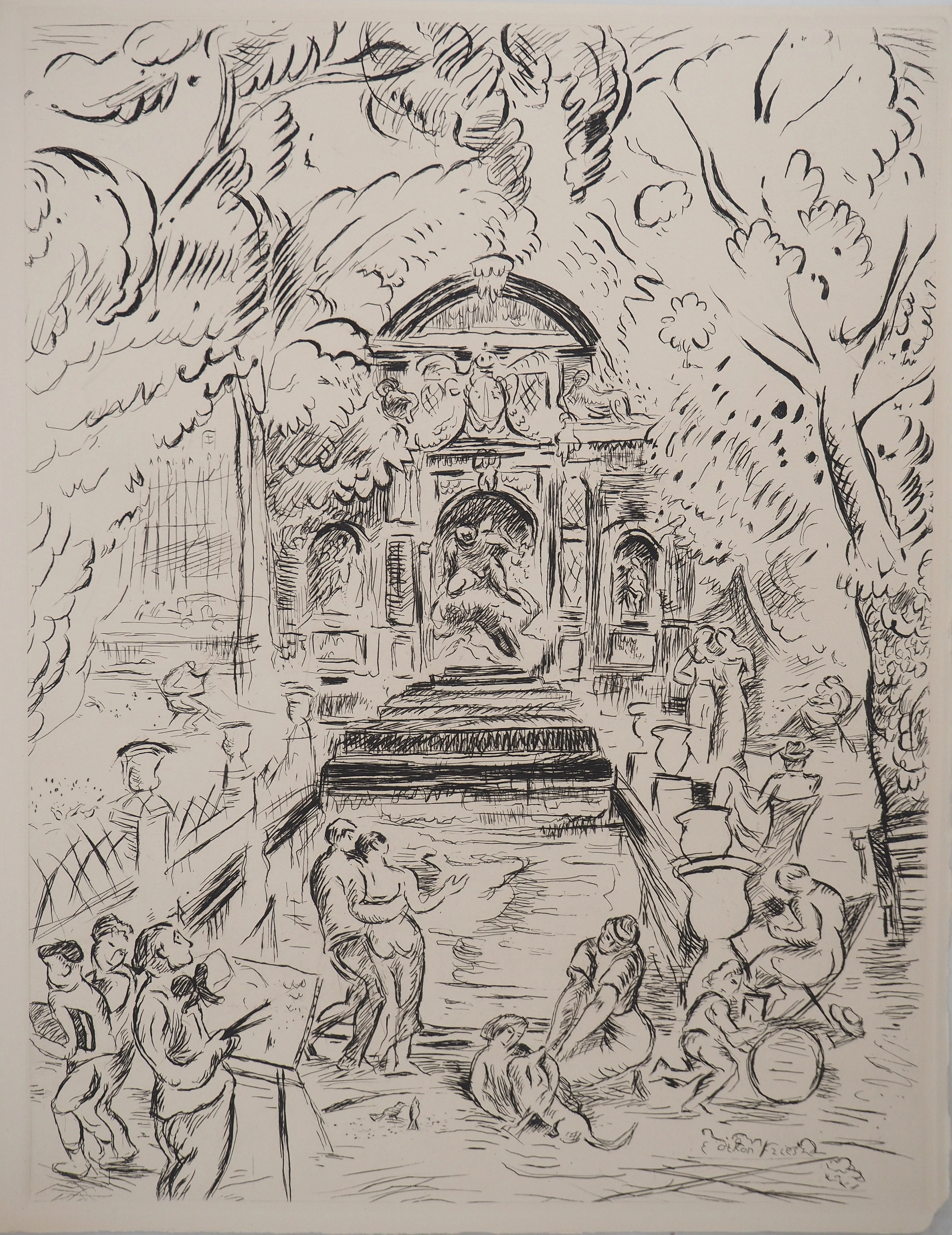Emile OTHON FRIESZ : Fontaine Médicis au Luxembourg, Gravure originale signée