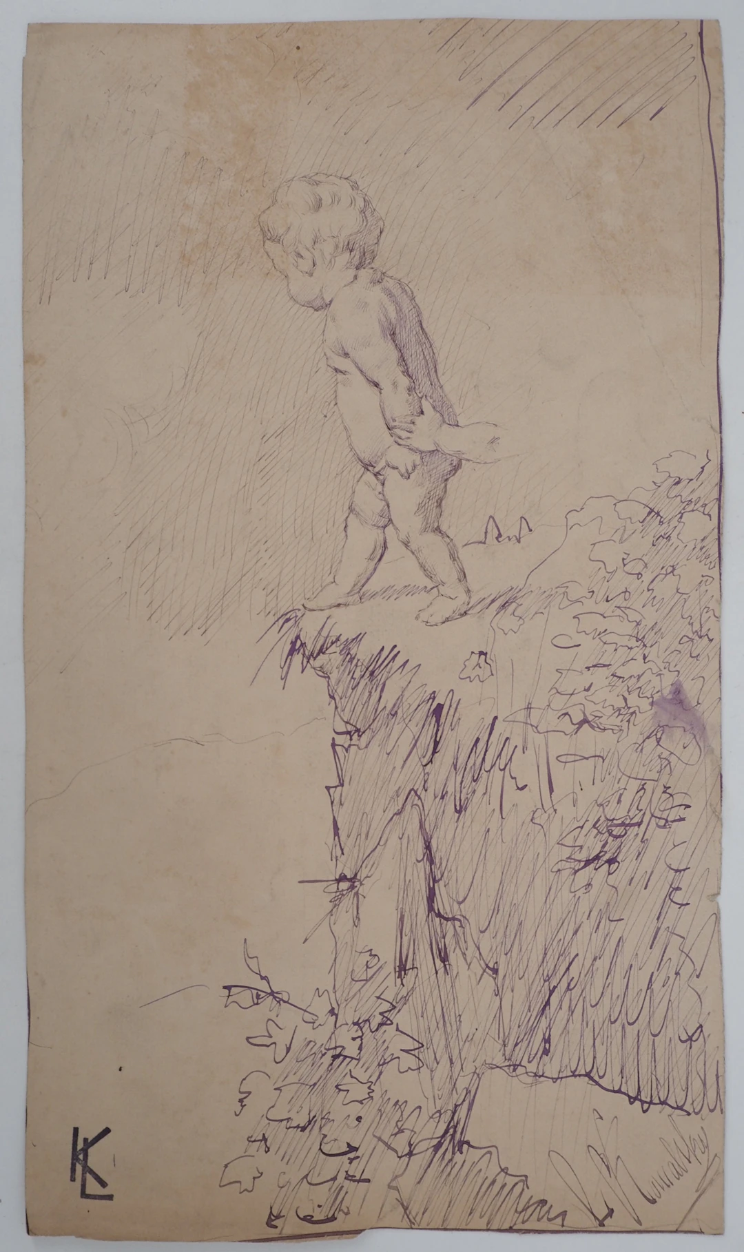 Léopold Franz KOWALSKI: Enfant au bord du lac, dessin original