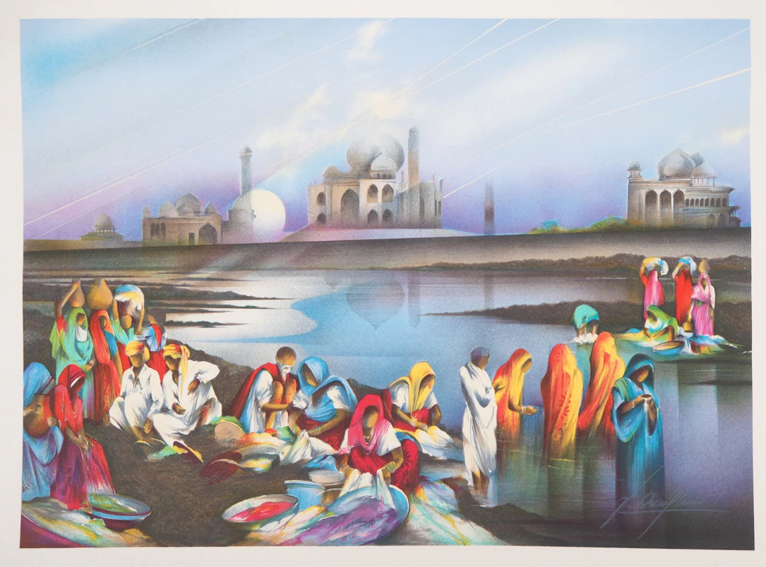 Raymond POULET : La vie autour du Taj Mahal - Lithographie originale signée