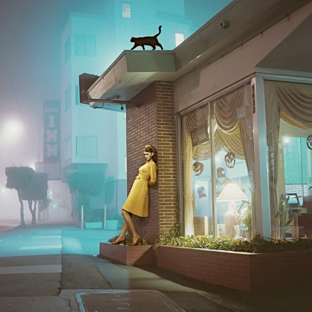 Mr Strange - Girl and Cat on the Colorful Night - Giclée sur papier Hanhemühle