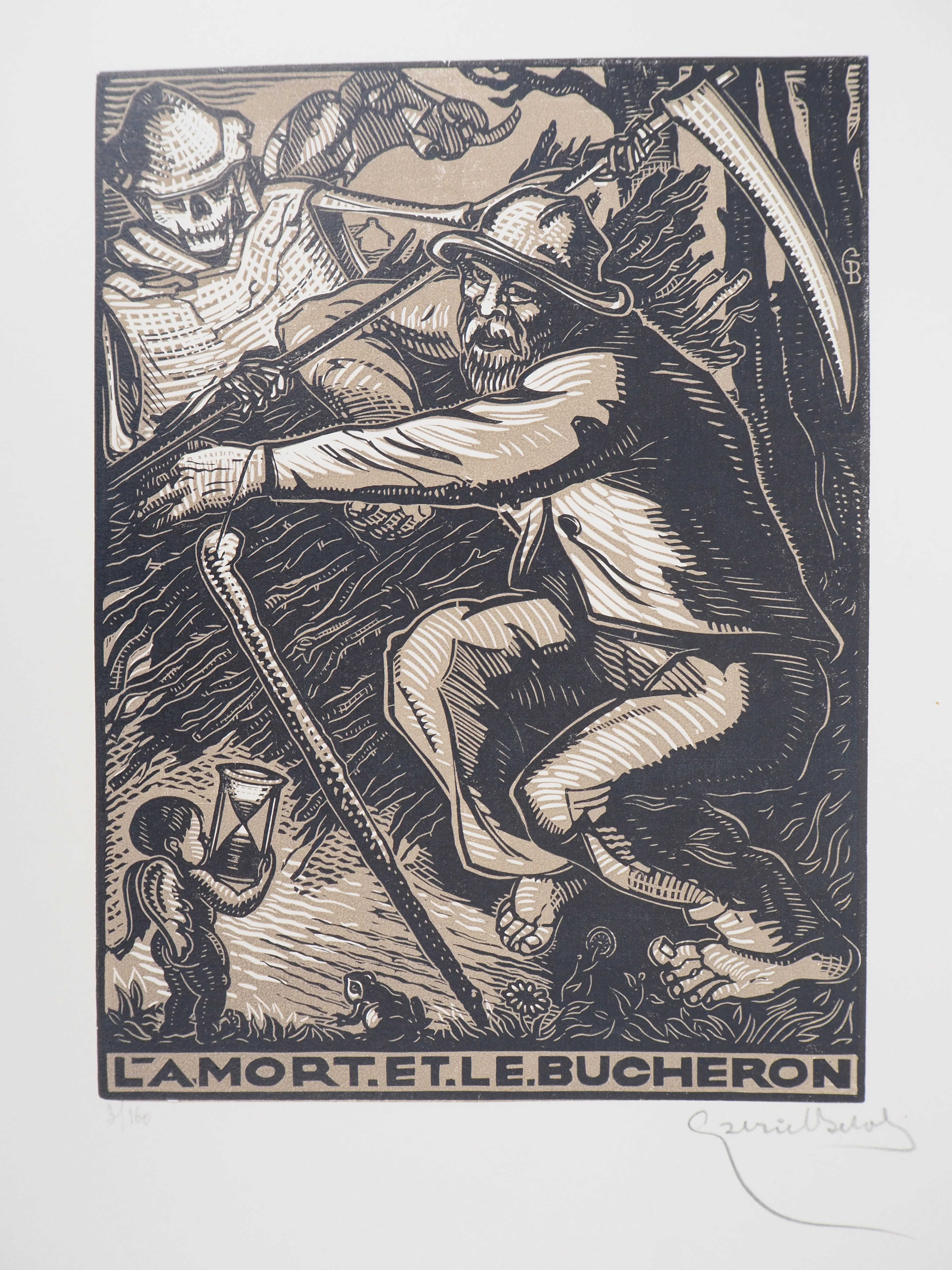 Gabriel BELOT : La Mort et le Bucheron, 1925 - Bois gravé original signé