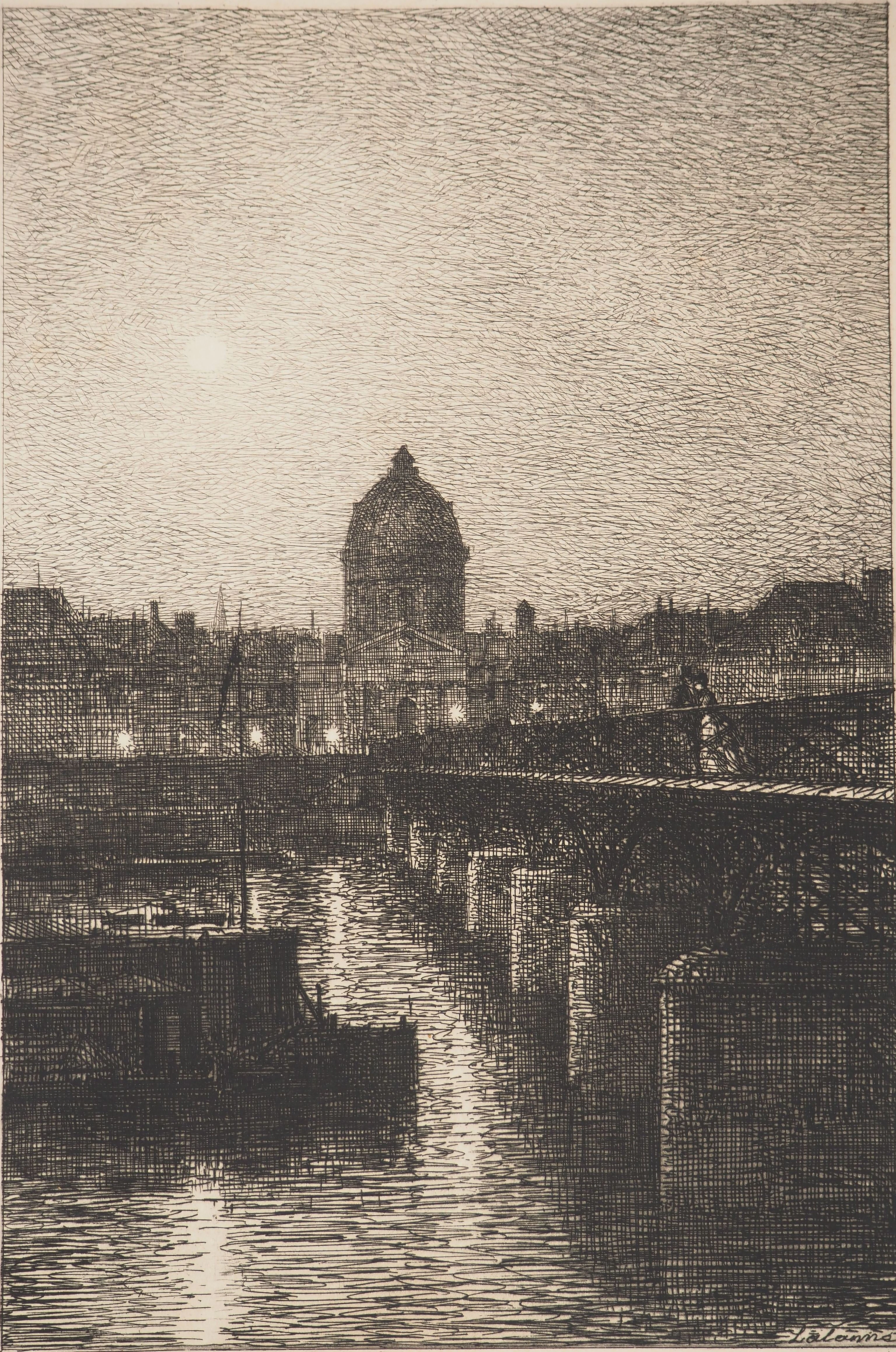 Maxime LALANE : Paris, Le Pont des Arts, Gravure originale signée