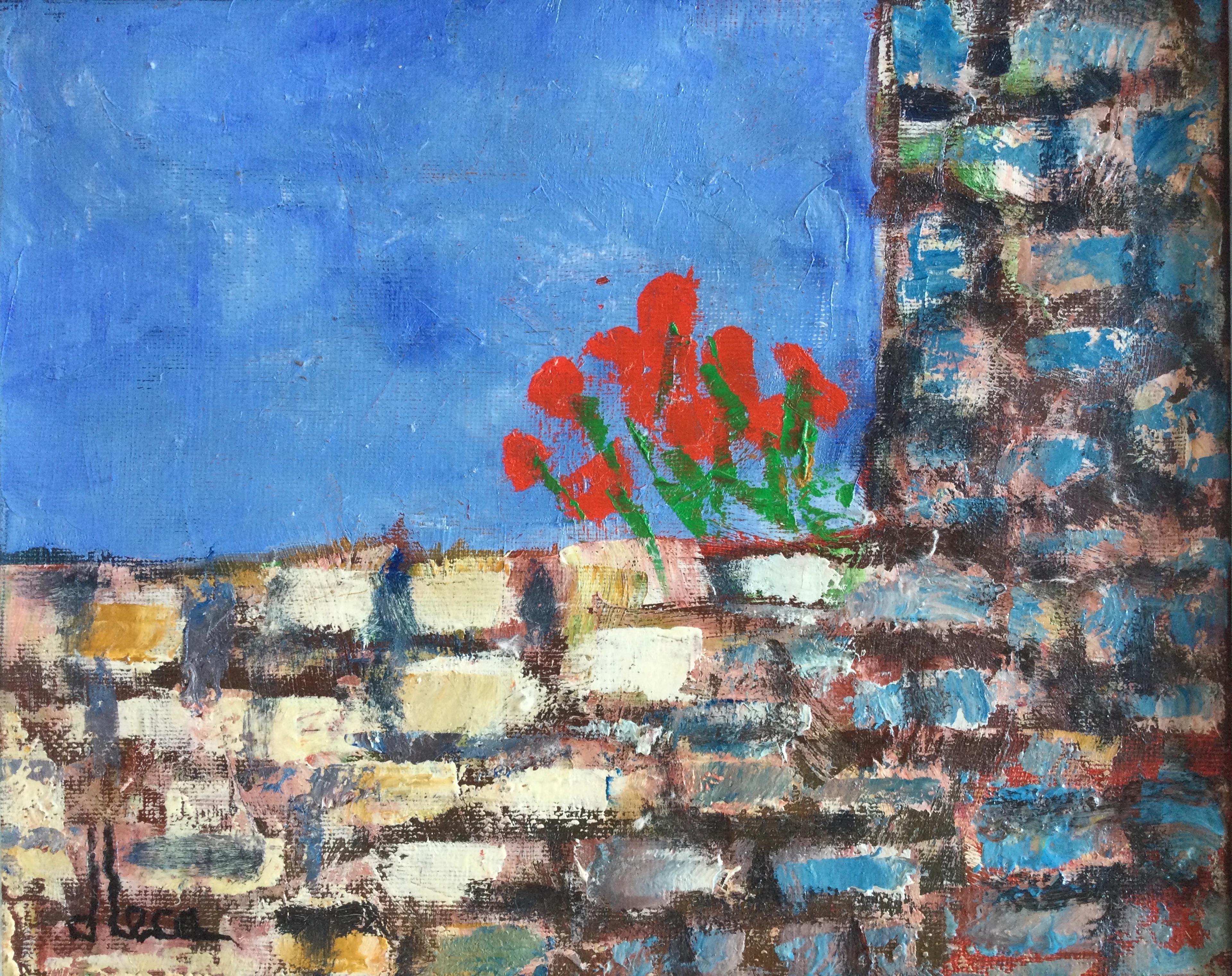 Dominique LECA -Coquelicots sur le mur - Huile sur toile signée