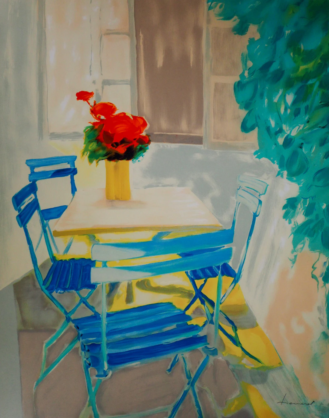Claude HEMERET : Terrasse d’été - Lithographie Originale Signée
