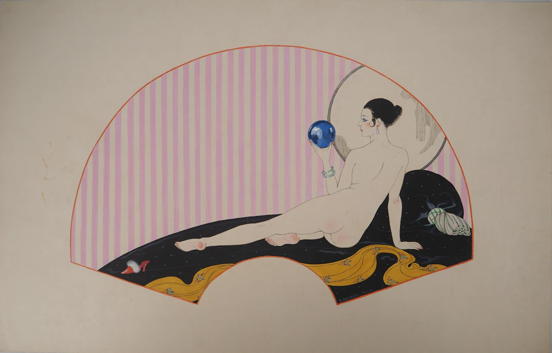 Georges Barbier - Art Nouveau : Nu à la boule de cristal - Gouache