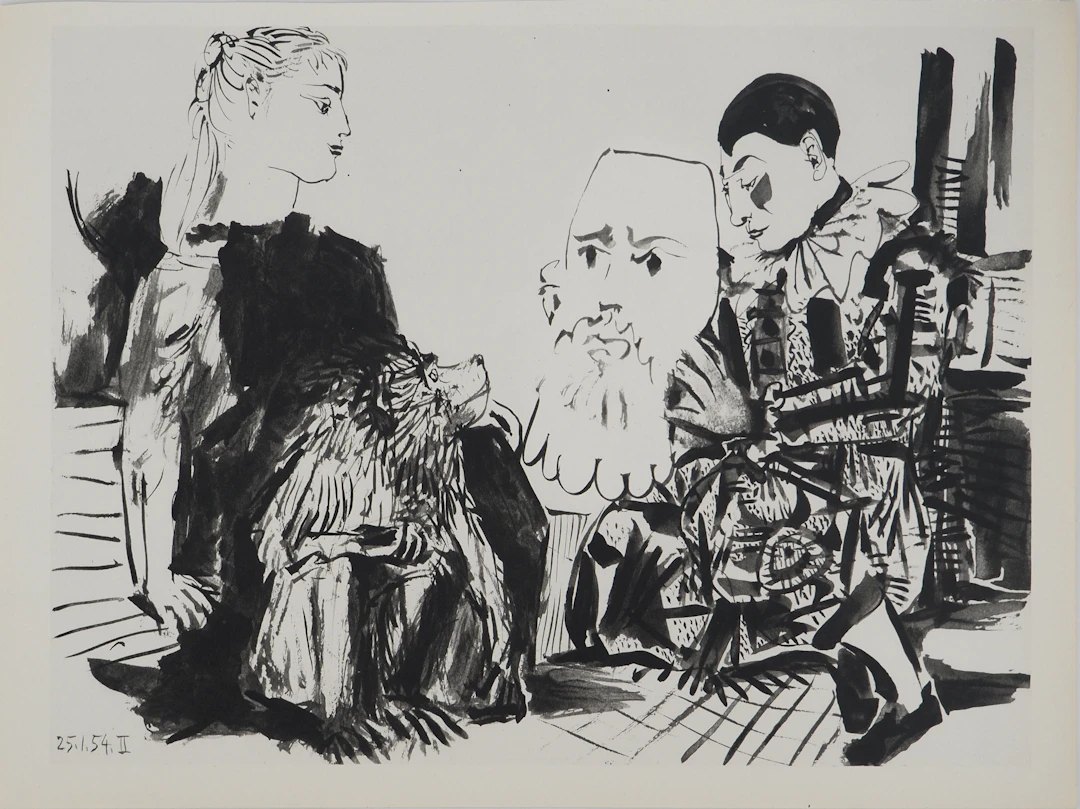 Pablo PICASSO : Comédie Humaine, Arlequins et la jeune femme au singe