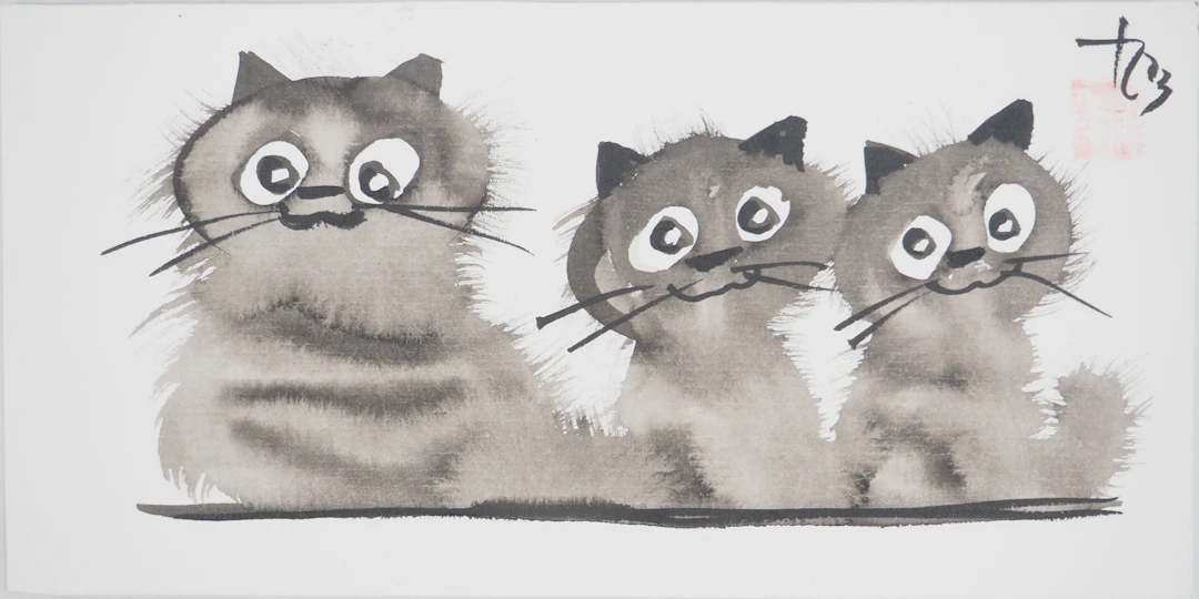 Laszlo TIBAY : Mère et sa fratrie de chatons - Dessin original signé
