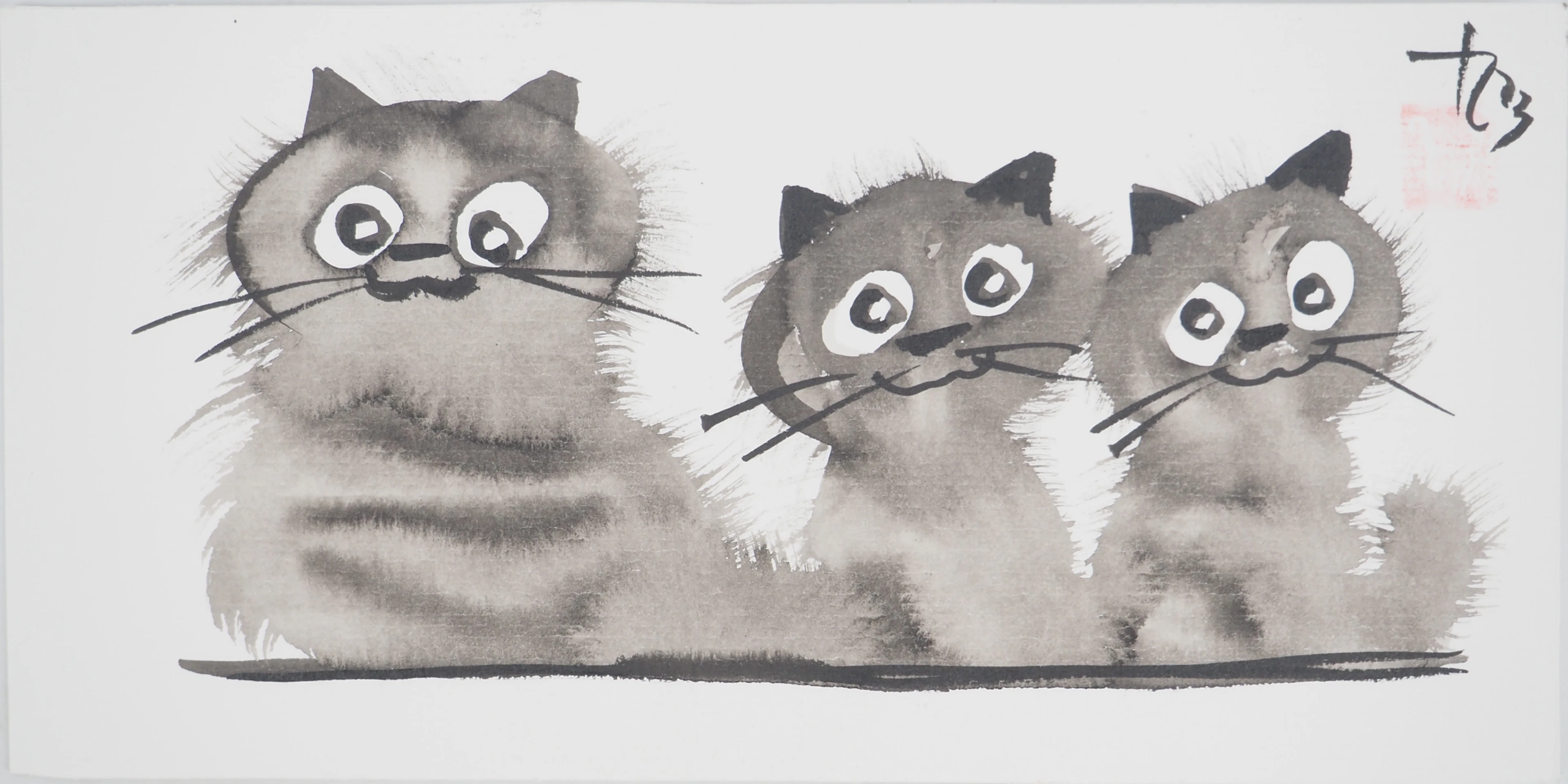 Laszlo TIBAY : Mère et sa fratrie de chatons - Dessin original signé