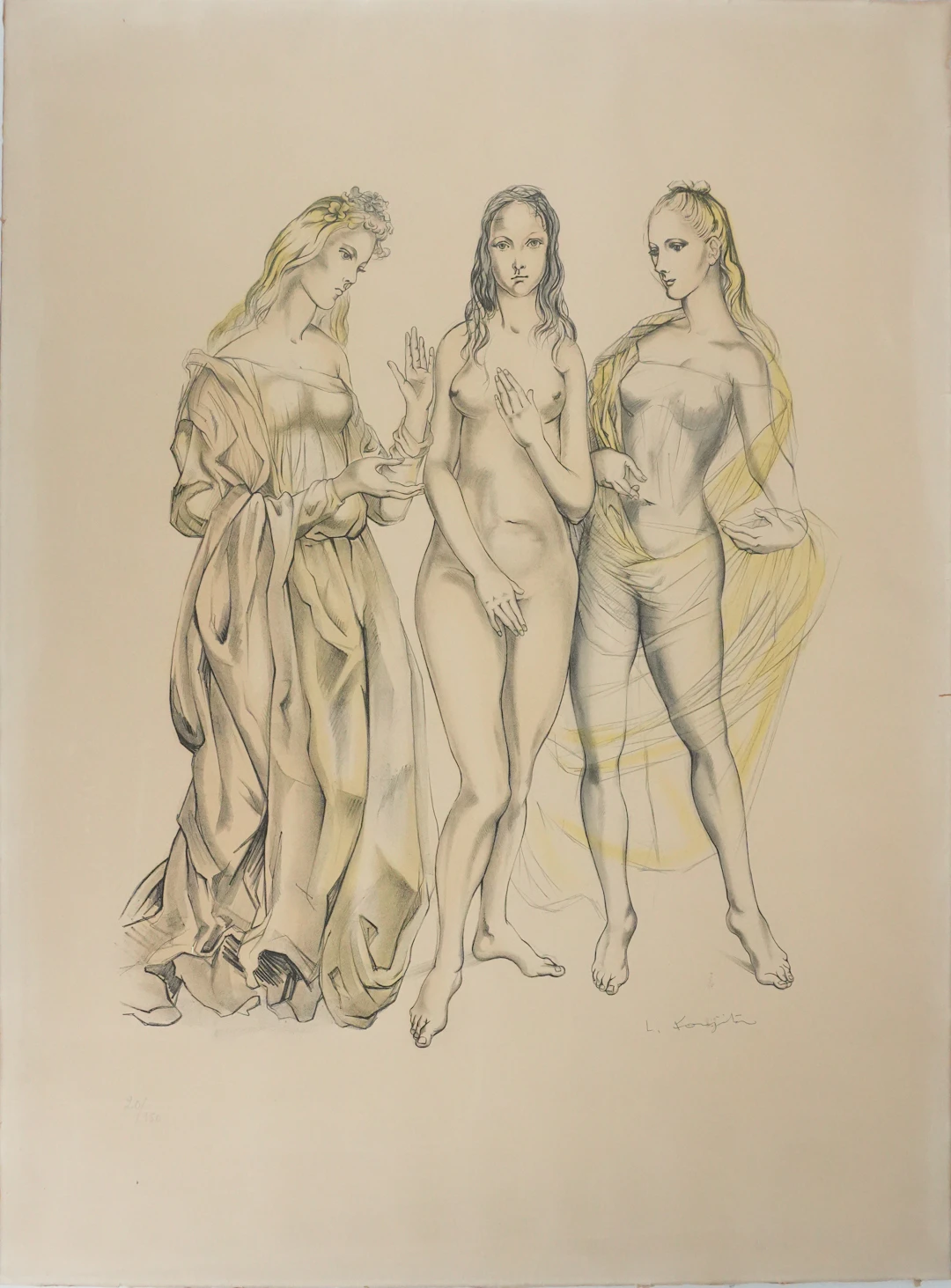 Léonard Tsuguharu FOUJITA : Les trois grâces, Lithographie originale signée