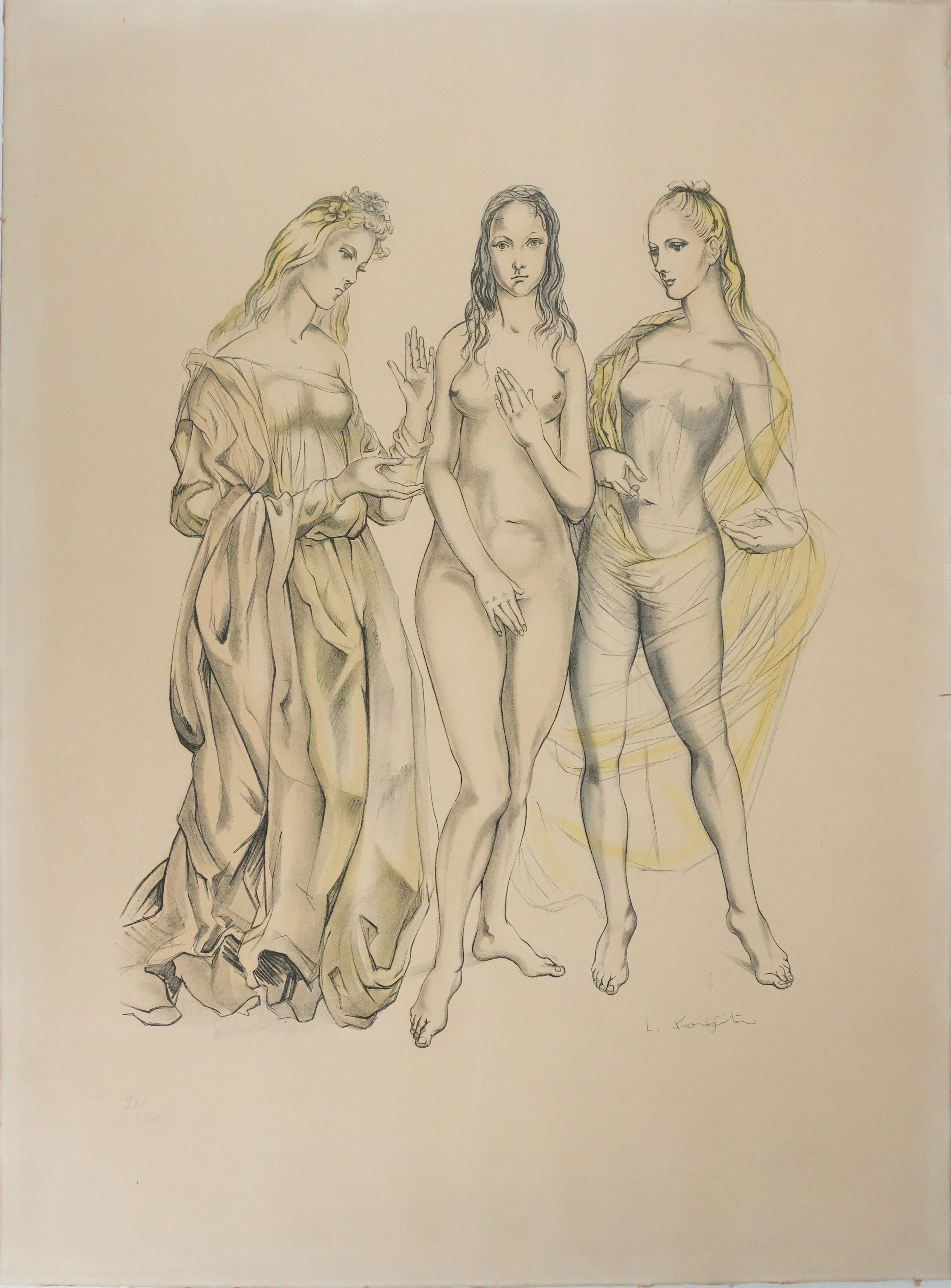 Léonard Tsuguharu FOUJITA : Les trois grâces, Lithographie originale signée