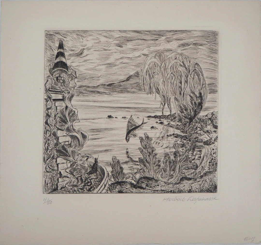 Herbert LESPINASSE : Paysage de conte - Gravure originale signée