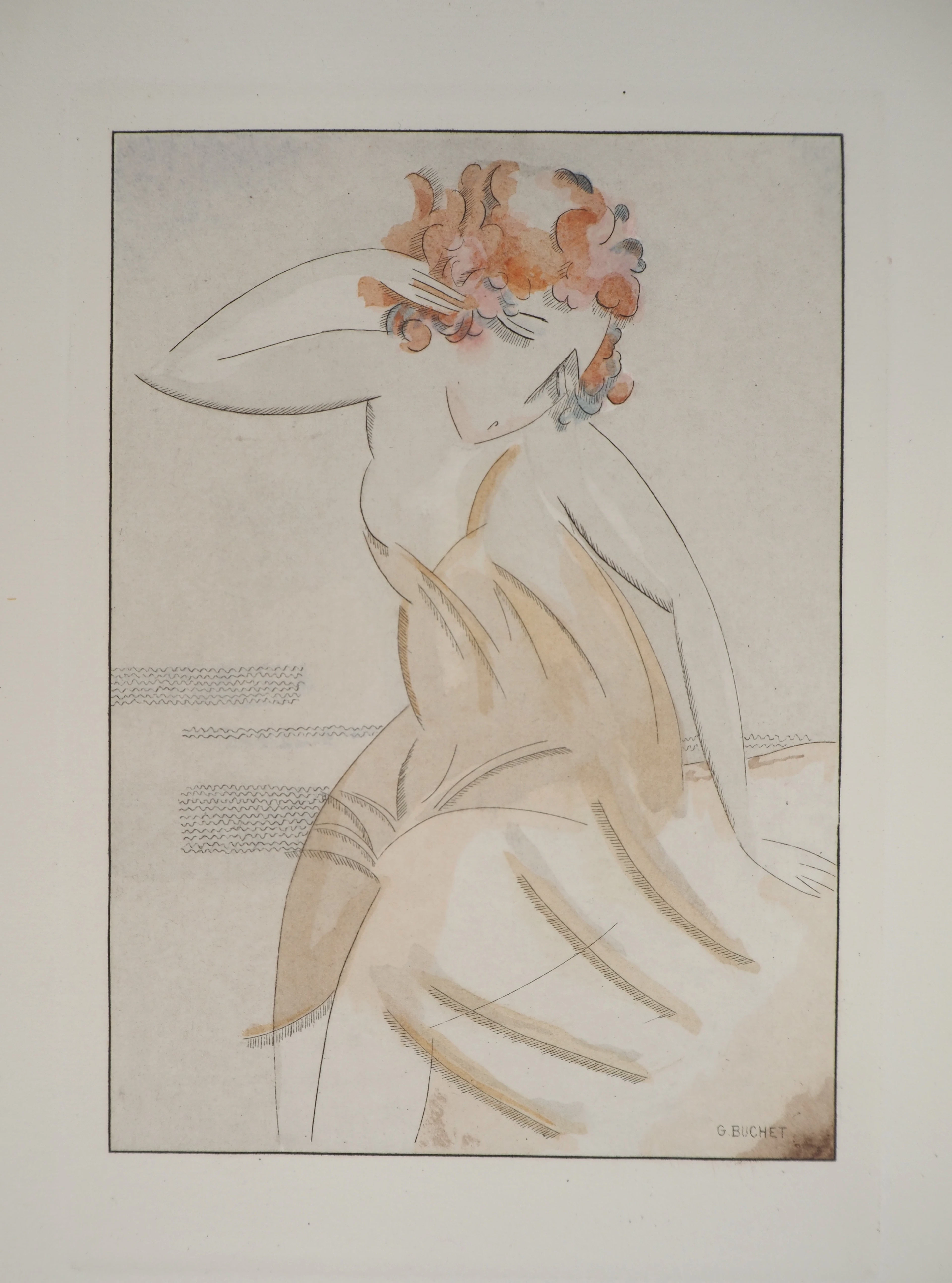 Gustave BUCHET : Le désespoir de Sappho, Gravure originale et pochoir signée