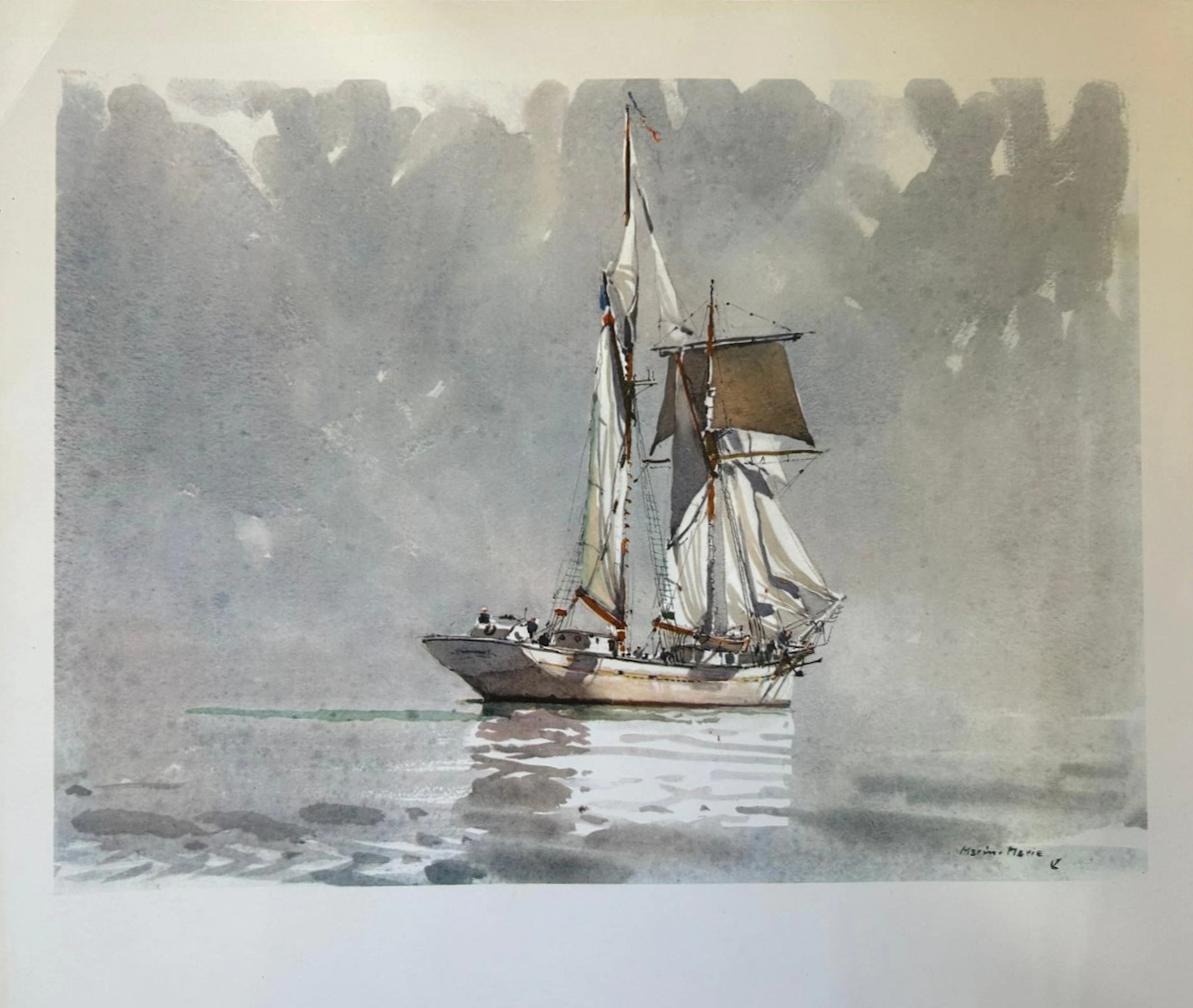 Marin Marie - La Belle Poule par calme plat - 1943 - Lithographie signée