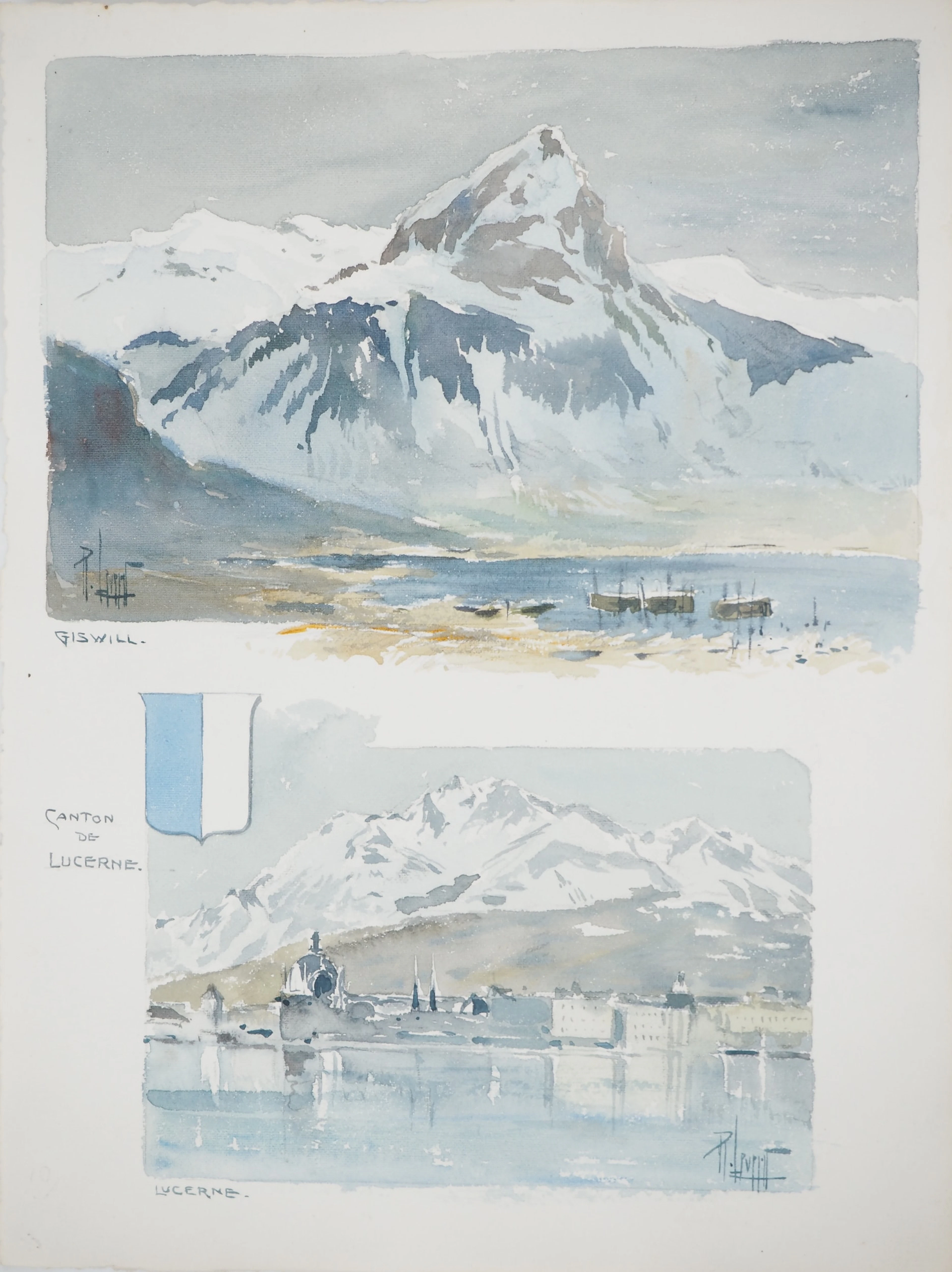 René LEVERD : Suisse, Mont Blanc depuis Lucerne, Aquarelle originale signée