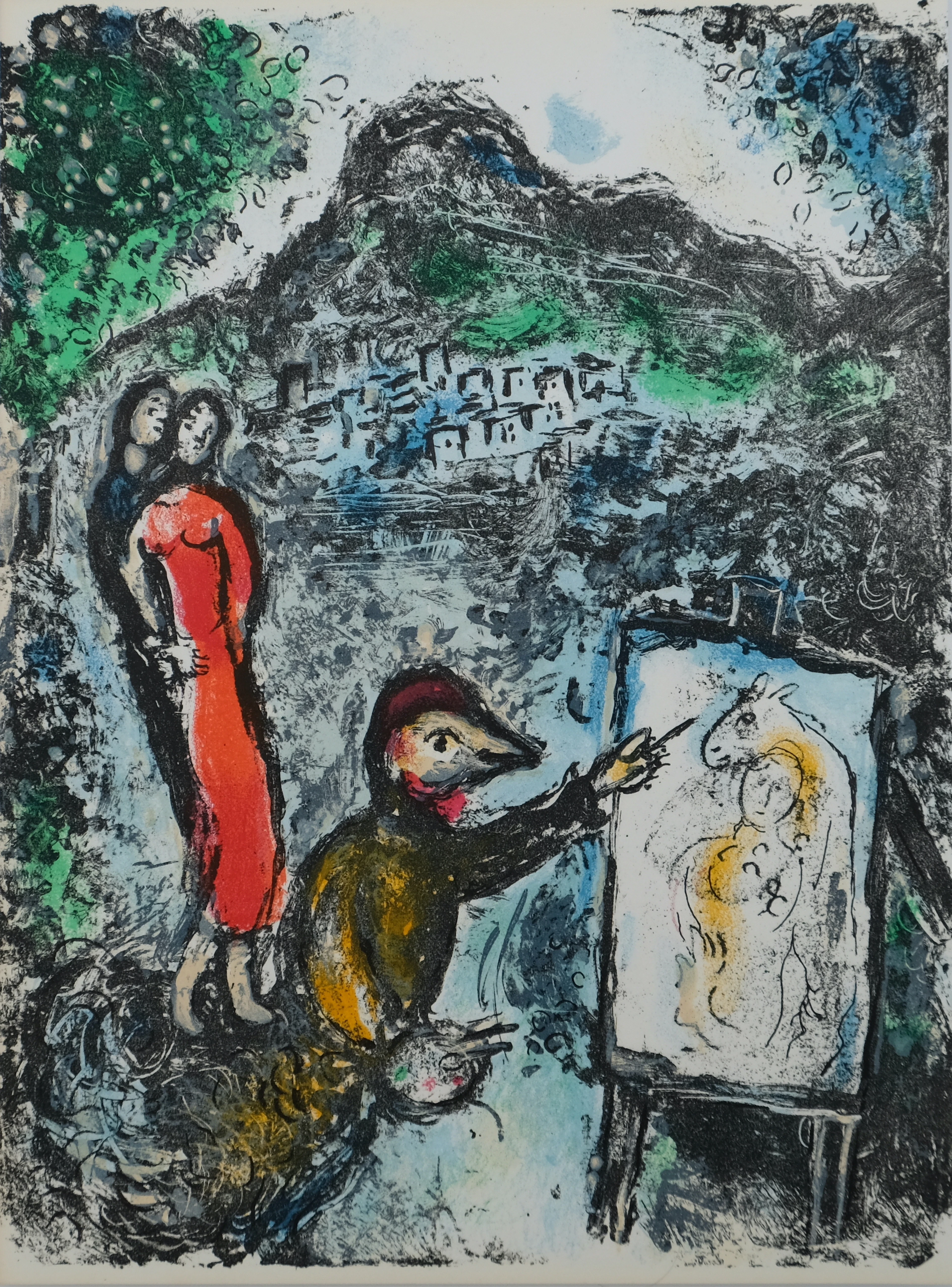 Marc CHAGALL : Couple et artiste devant Saint Jeannet - Lithographie originale
