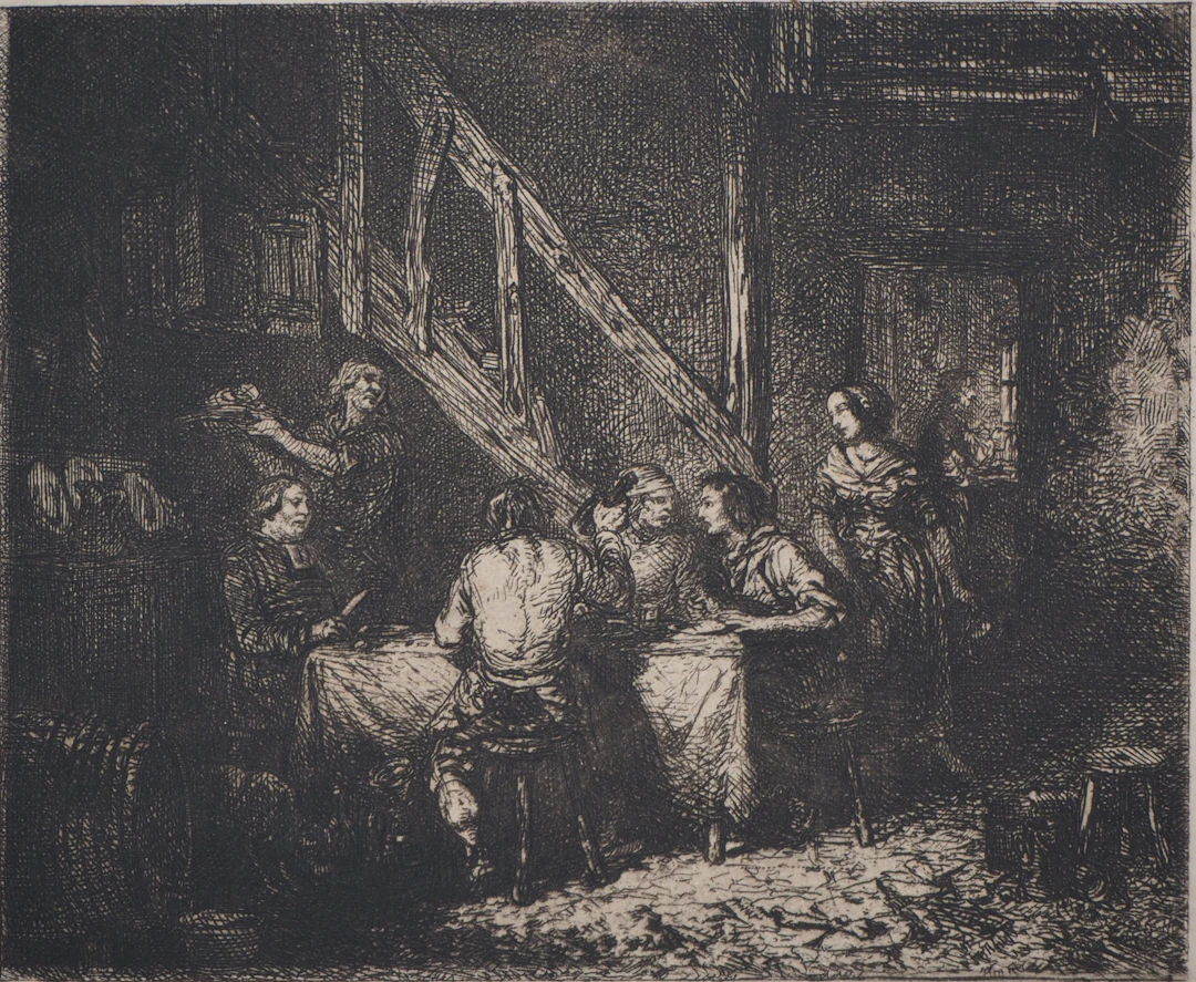Charles Emile JACQUES : Le repas des paysans - Eau forte Originale Signée