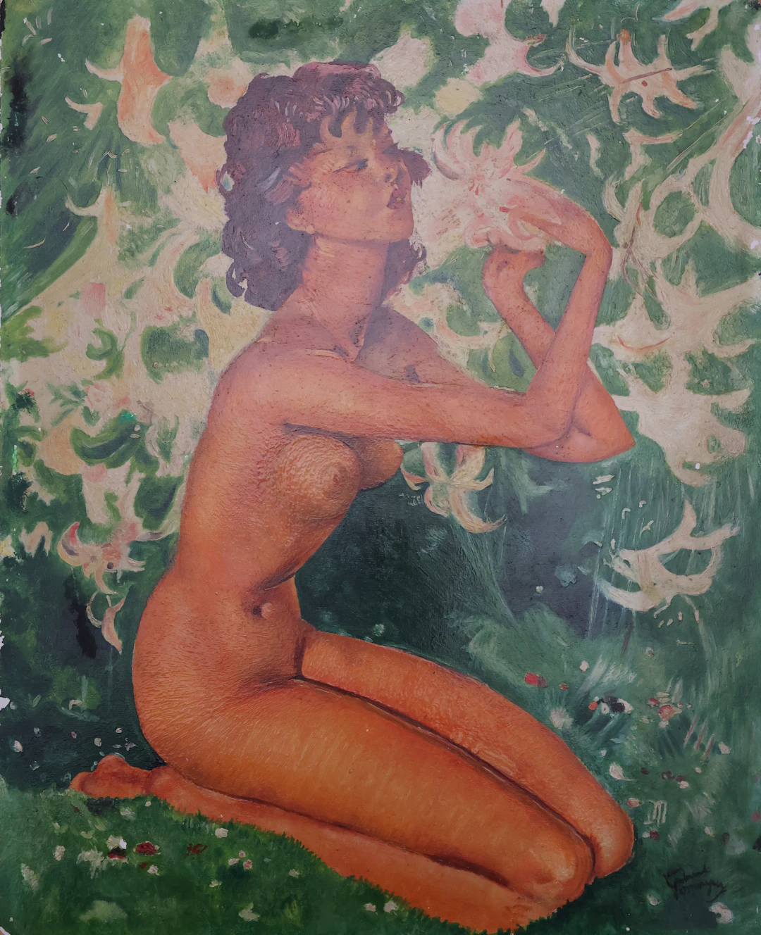 Jean-Gabriel Domergue (1889-1962) - Nu aux Lys - Huile sur panneau Isorel