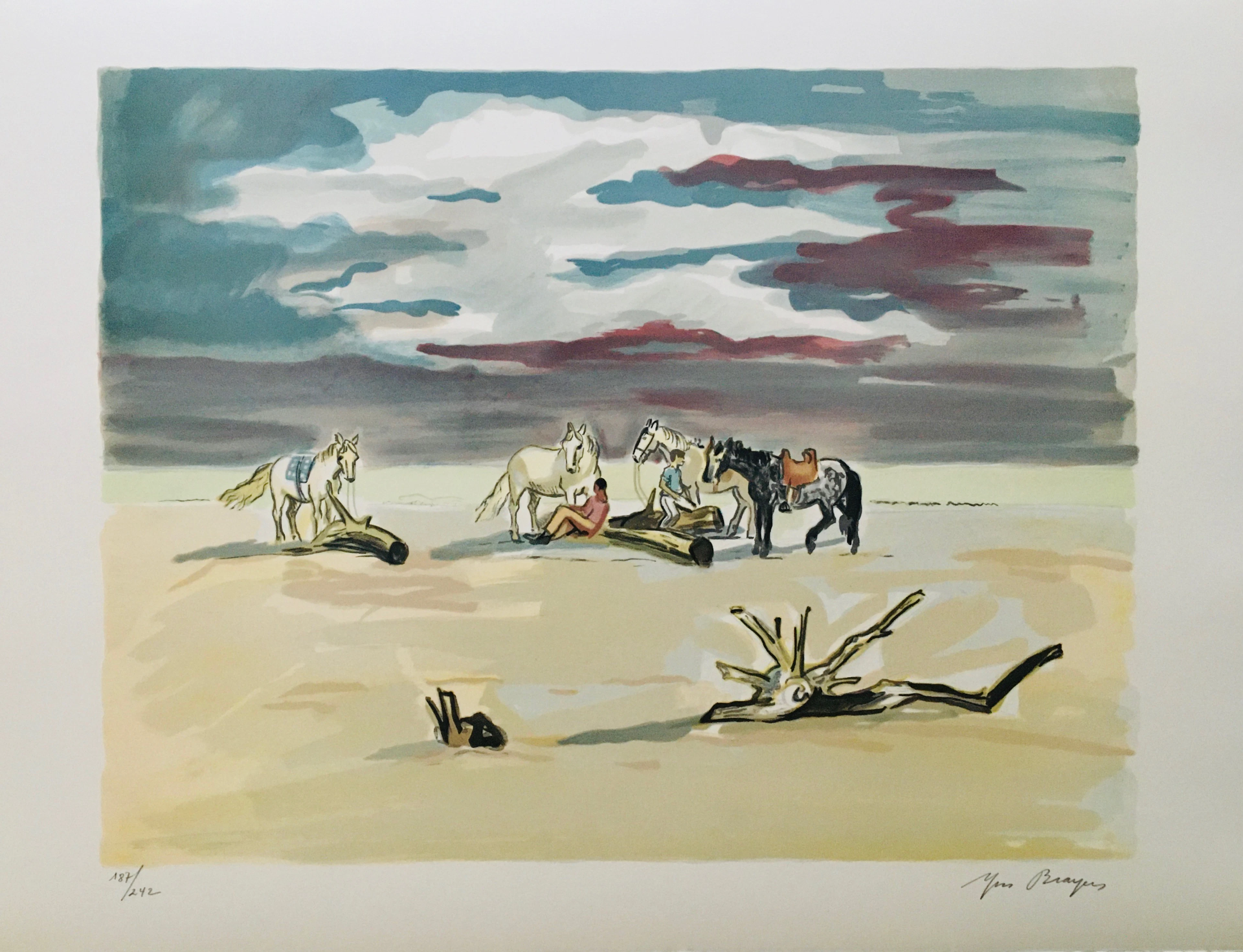 Yves BRAYER - Le repos des cavaliers sur la plage, 1973 - Lithographie