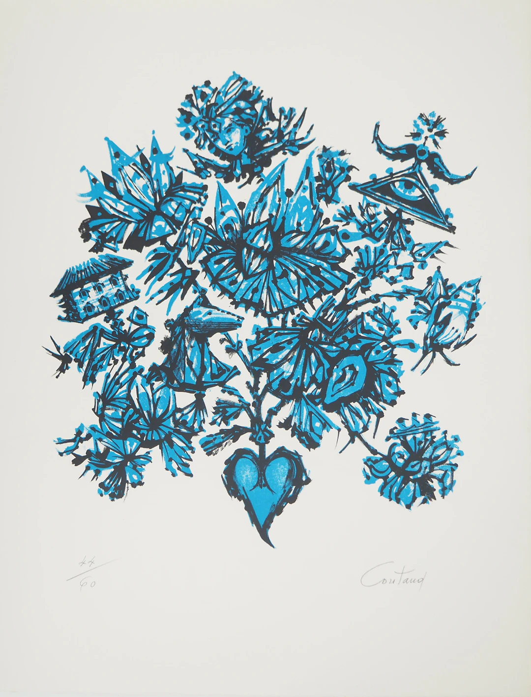 Lucien COUTAUD : Fleur surréaliste au visage et au cheval, Lithographie
