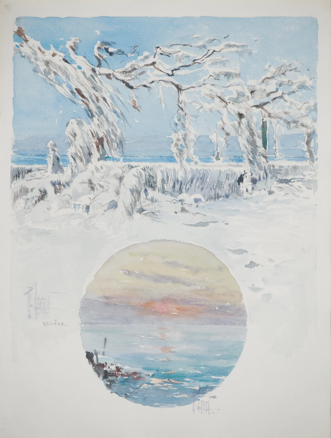 René LEVERD : Les branches enneigées, Aquarelle originale signée