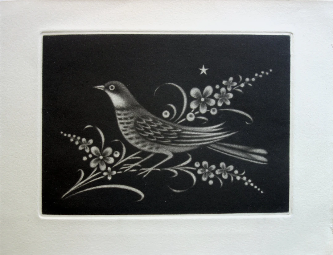 Kiyoshi HASEGAWA : Oiseau sur une fleur de lumière - Gravure originale