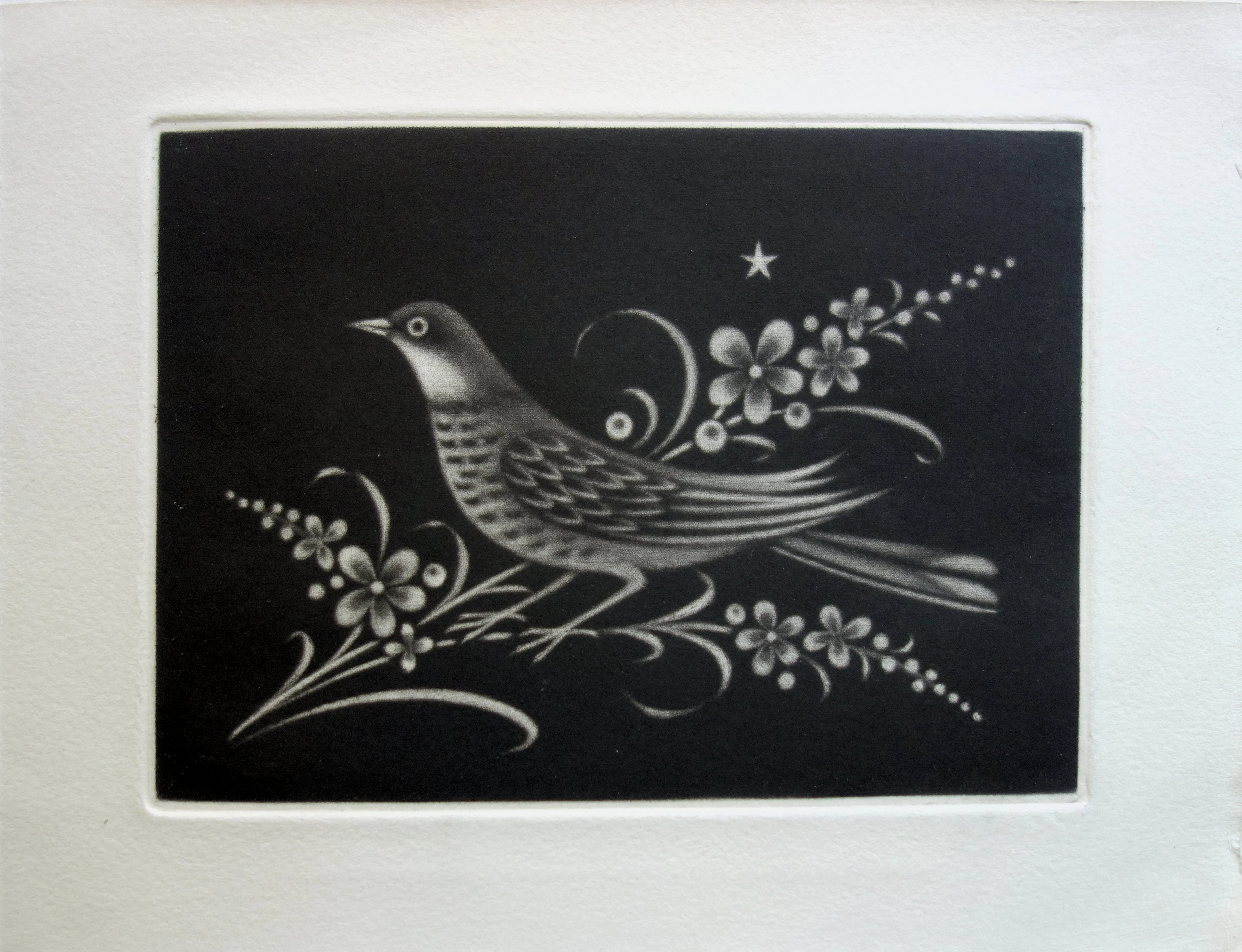 Kiyoshi HASEGAWA : Oiseau sur une fleur de lumière - Gravure originale