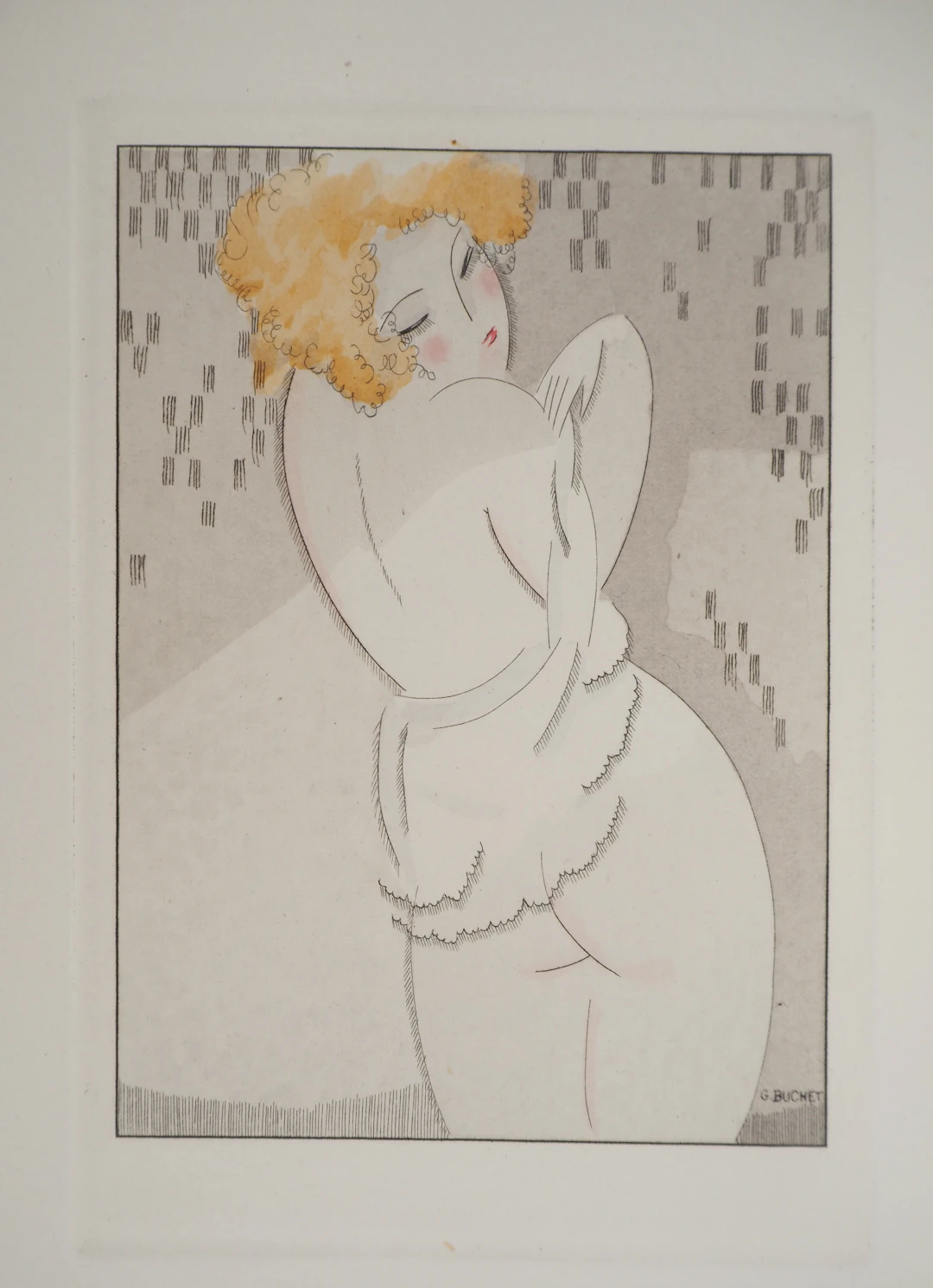 Gustave BUCHET : La rousse intimidée, Gravure originale et pochoir signée