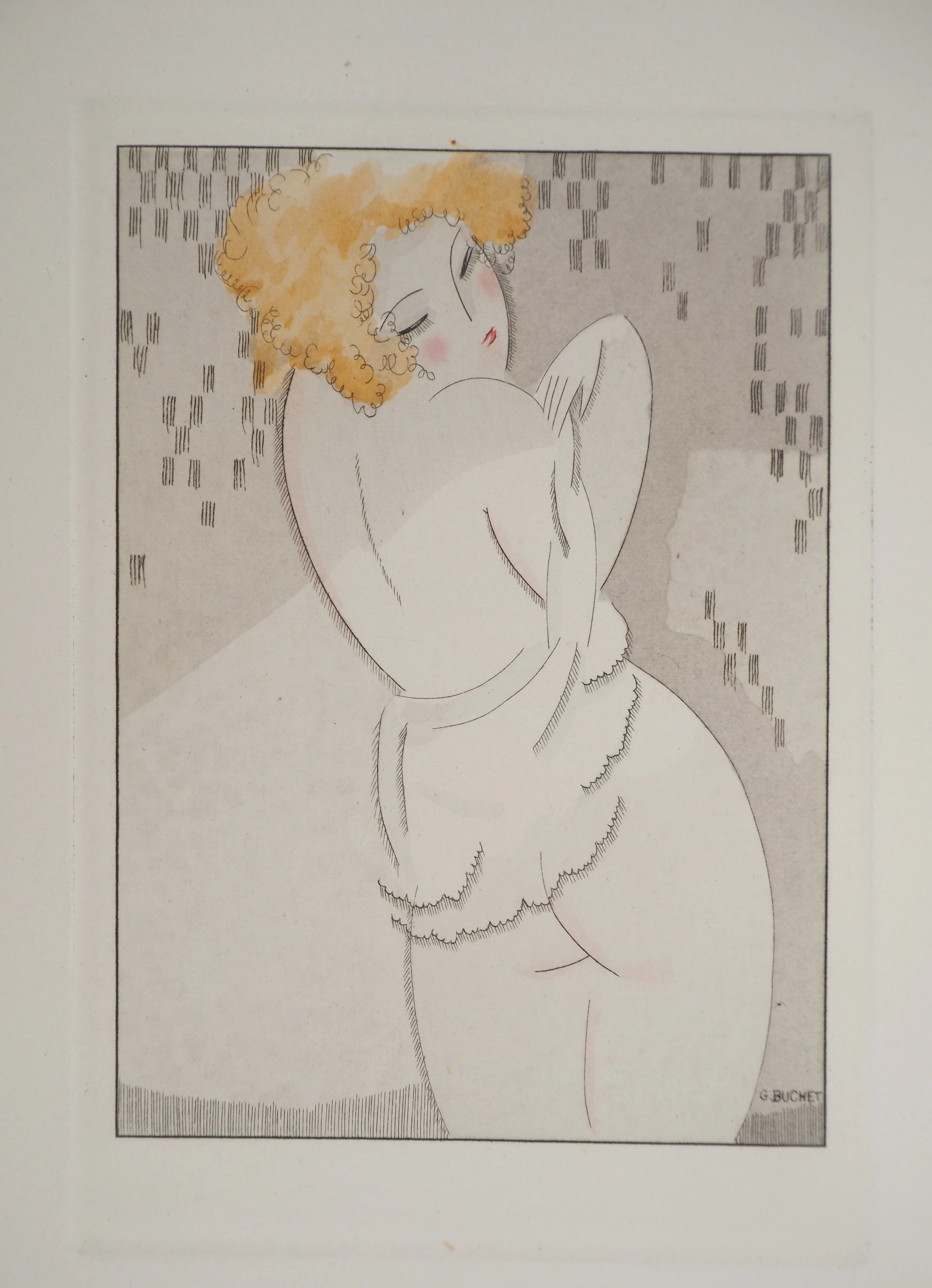 Gustave BUCHET : La rousse intimidée, Gravure originale et pochoir signée
