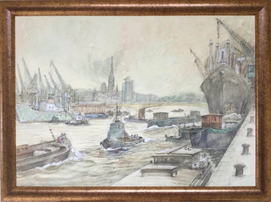 Guy MARC - Le port de Rouen , 1974 - Aquarelle sur carton signée