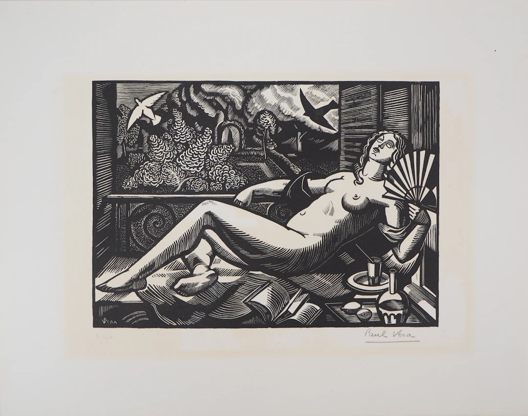 Paul VERA : L’été : Nu à l’Eventail, 1922 - Bois gravé original signé