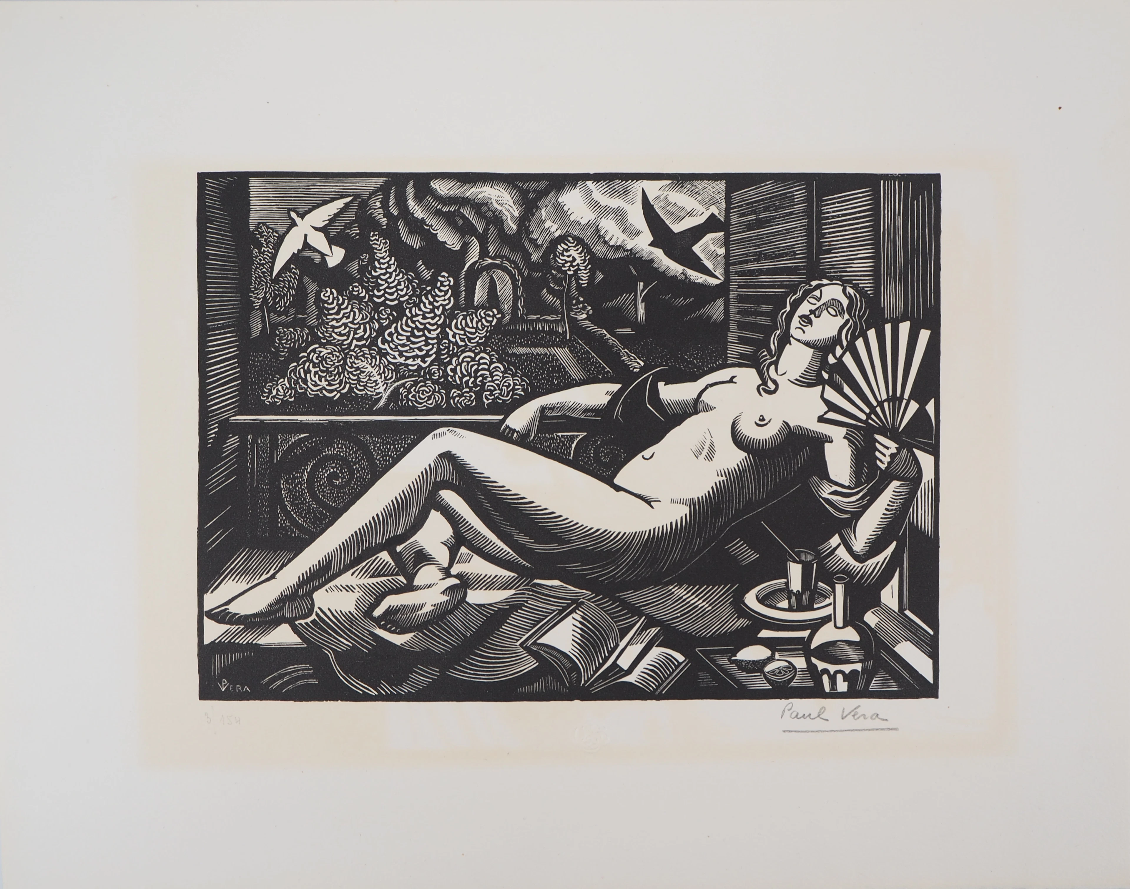 Paul VERA : L’été : Nu à l’Eventail, 1922 - Bois gravé original signé