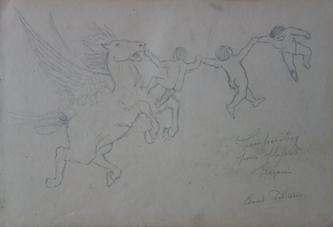 Edmond PELLISSON : Amours avec Pégase - Dessin original signé - c. 1895
