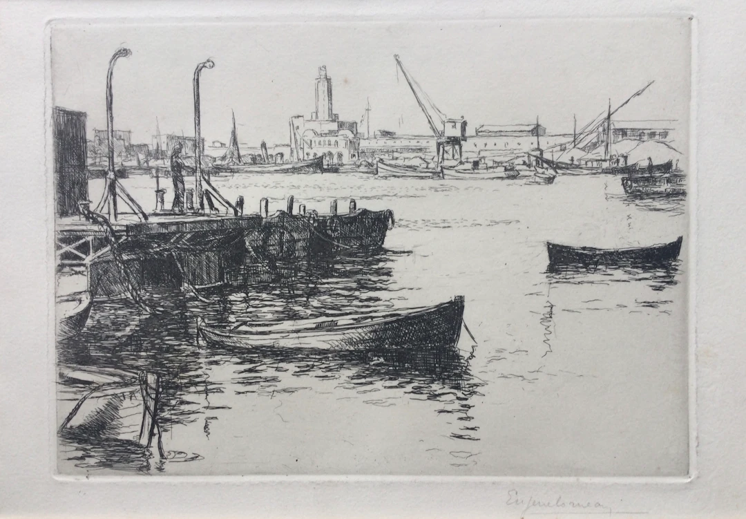 Eugène COURNEAU - Le port d’Alger , 1936 - Eau-forte originale signée au crayon