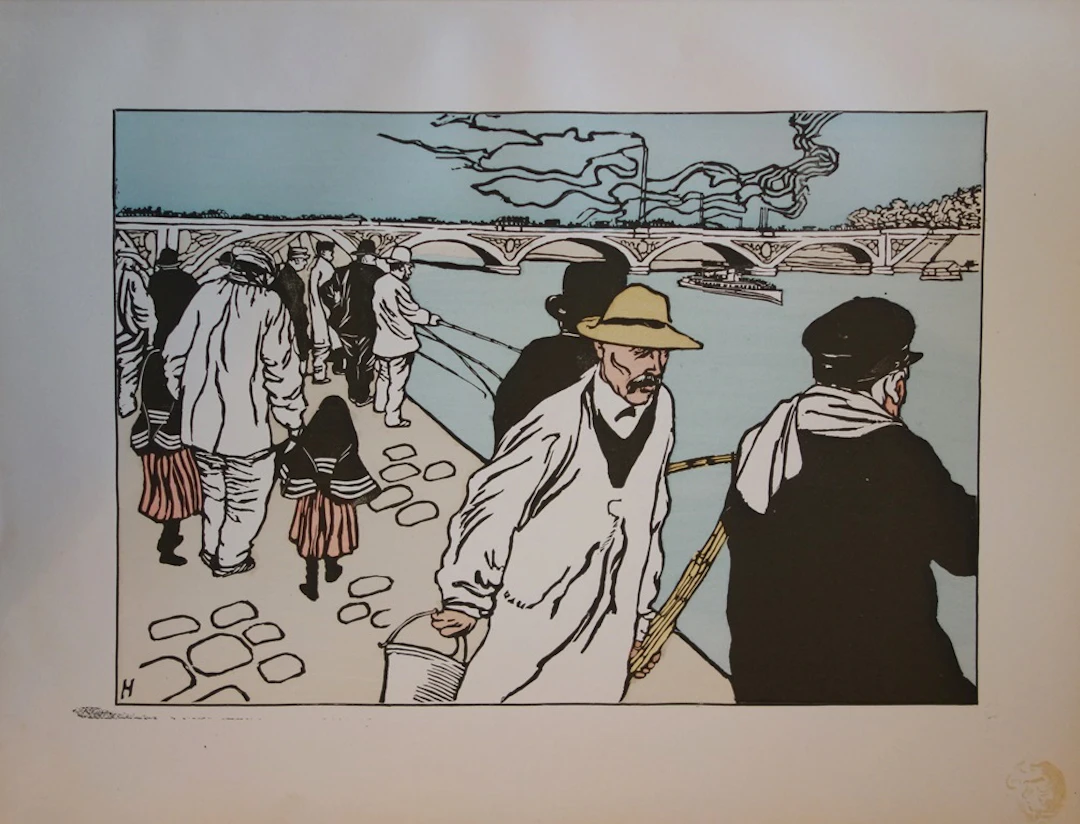 Ch. Huard - Pêcheurs à la ligne , Lithographie originale signée (1897)