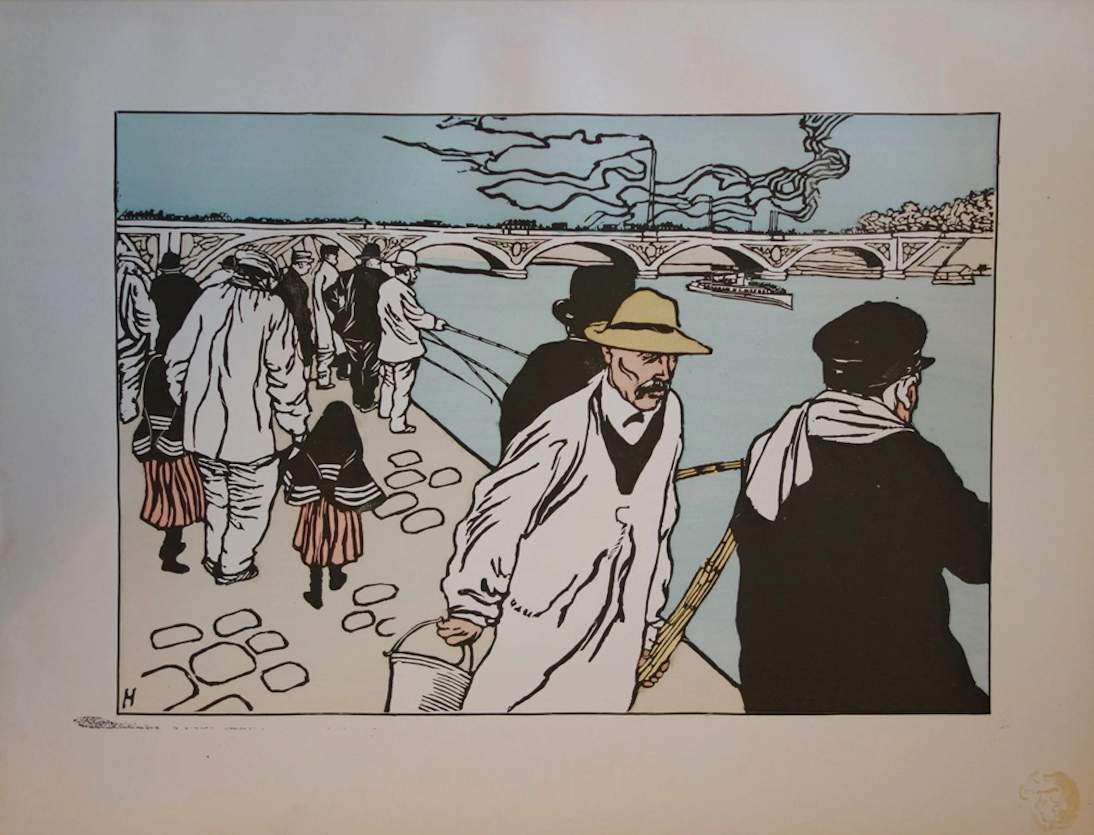 Ch. Huard - Pêcheurs à la ligne , Lithographie originale signée (1897)