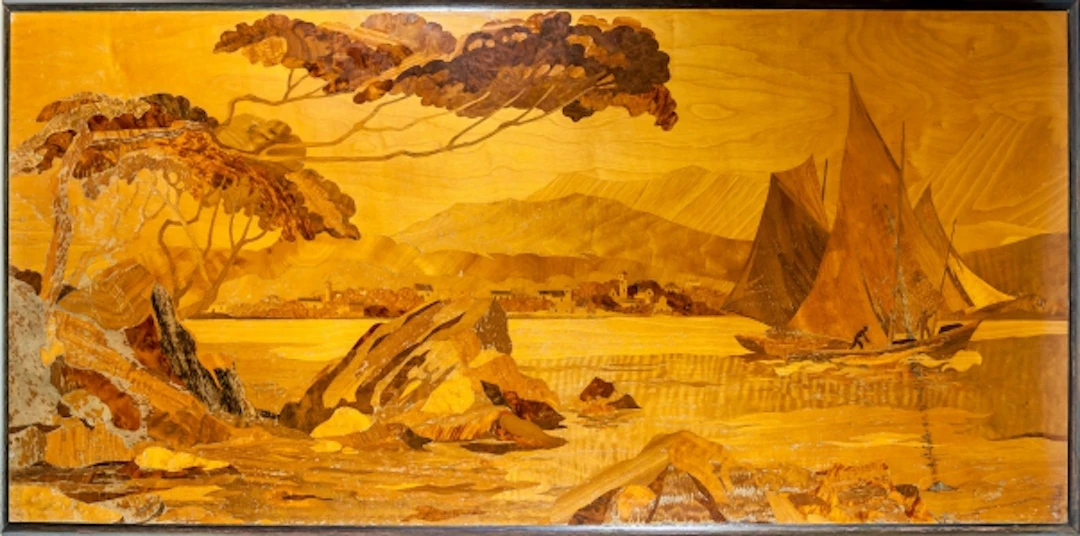 Pierre ROSENAU - Voilier et crique, c. 1930, Panneau de bois marqueté