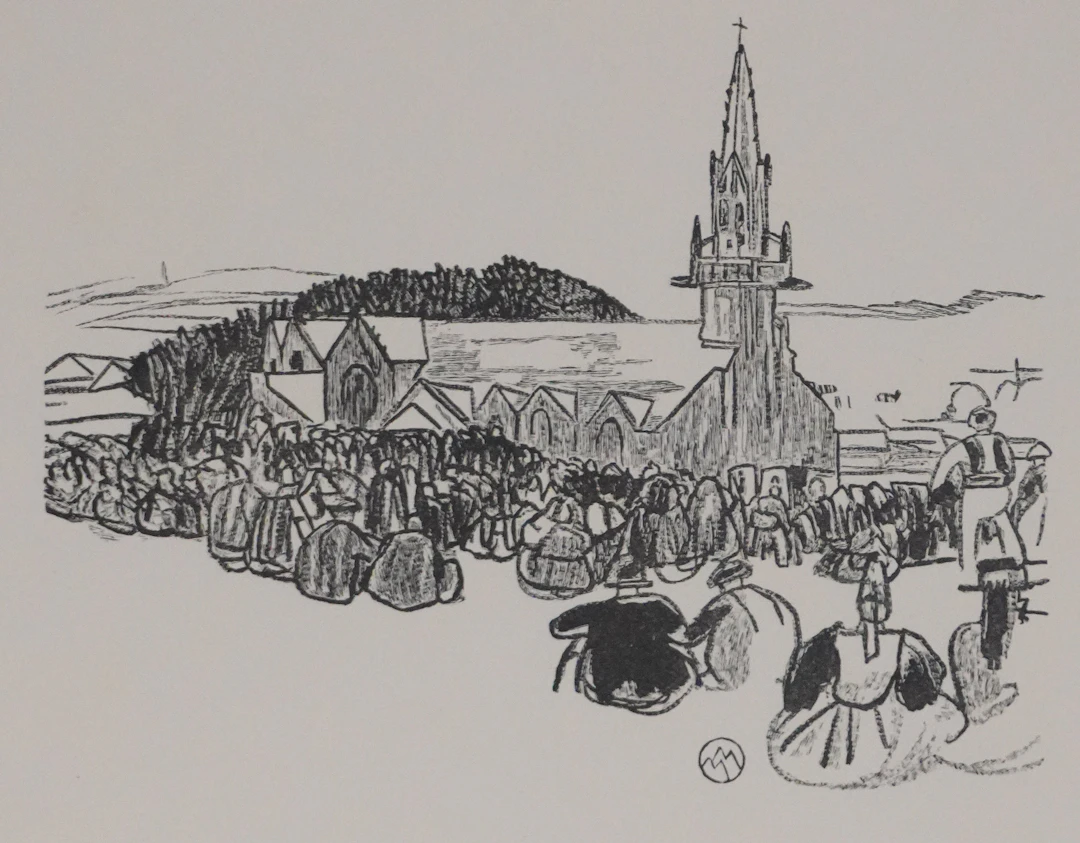 Mathurin MEHEUT : Bretagne, L’attente de la procession (Noir), Gravure
