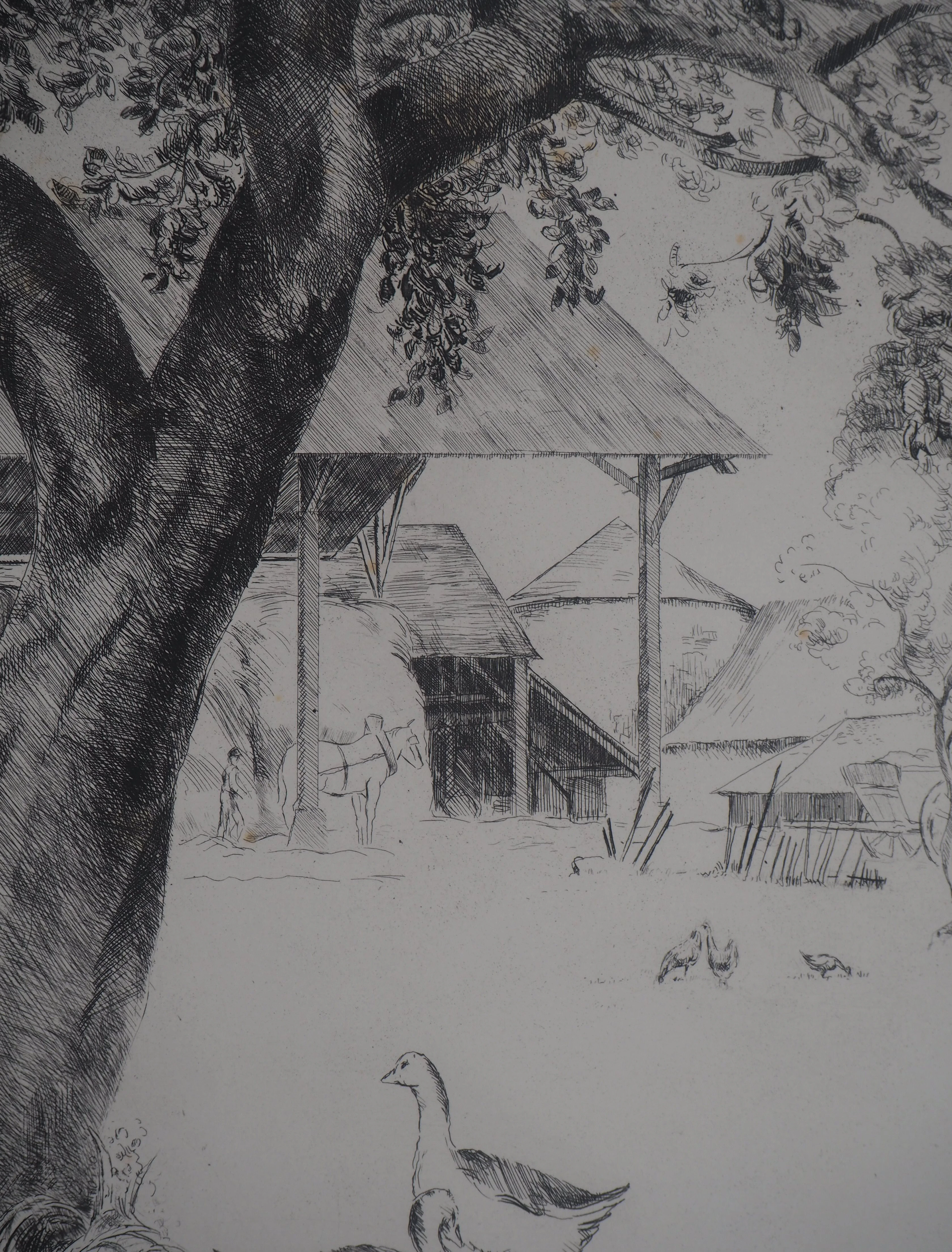 Eugène CORNEAU : Dans la ferme - Gravure Originale Signée