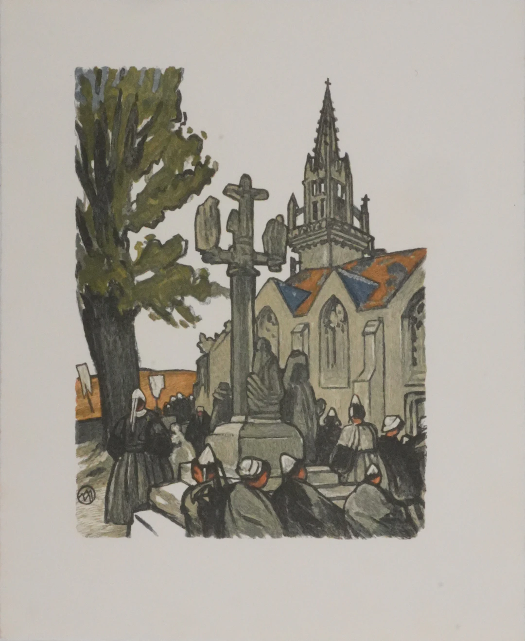 Mathurin MEHEUT : Bretagne, Pèlerins devant l’église, Gravure originale signée