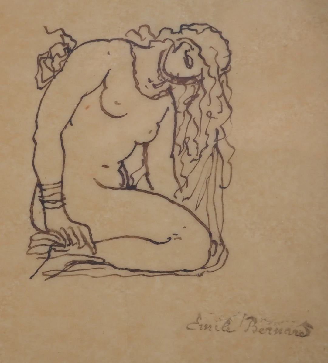Emile Bernard - Nu agenouillé - Dessin original, signé