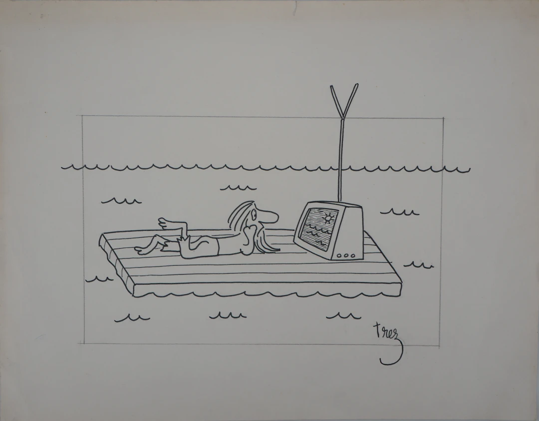 TREZ - Télé à la Mer, Mer à la Télé - Dessin signé