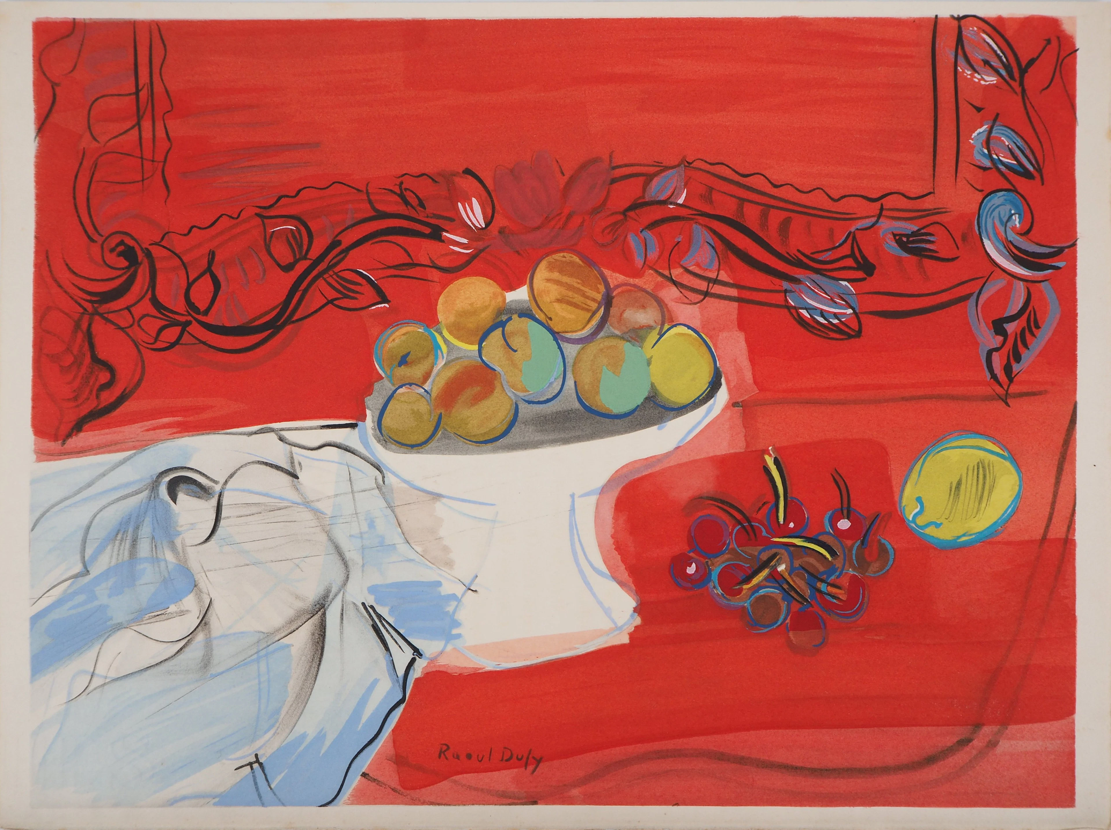 Raoul DUFY - Pêches et cerises sur fond rouge, 1953 - Lithographie