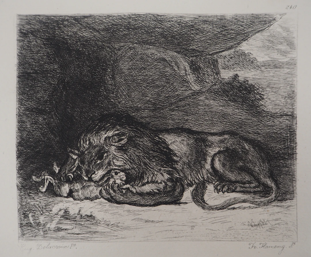 Eugène DELACROIX (d’après) - Lion et lapin - Gravure, Signée #Durand