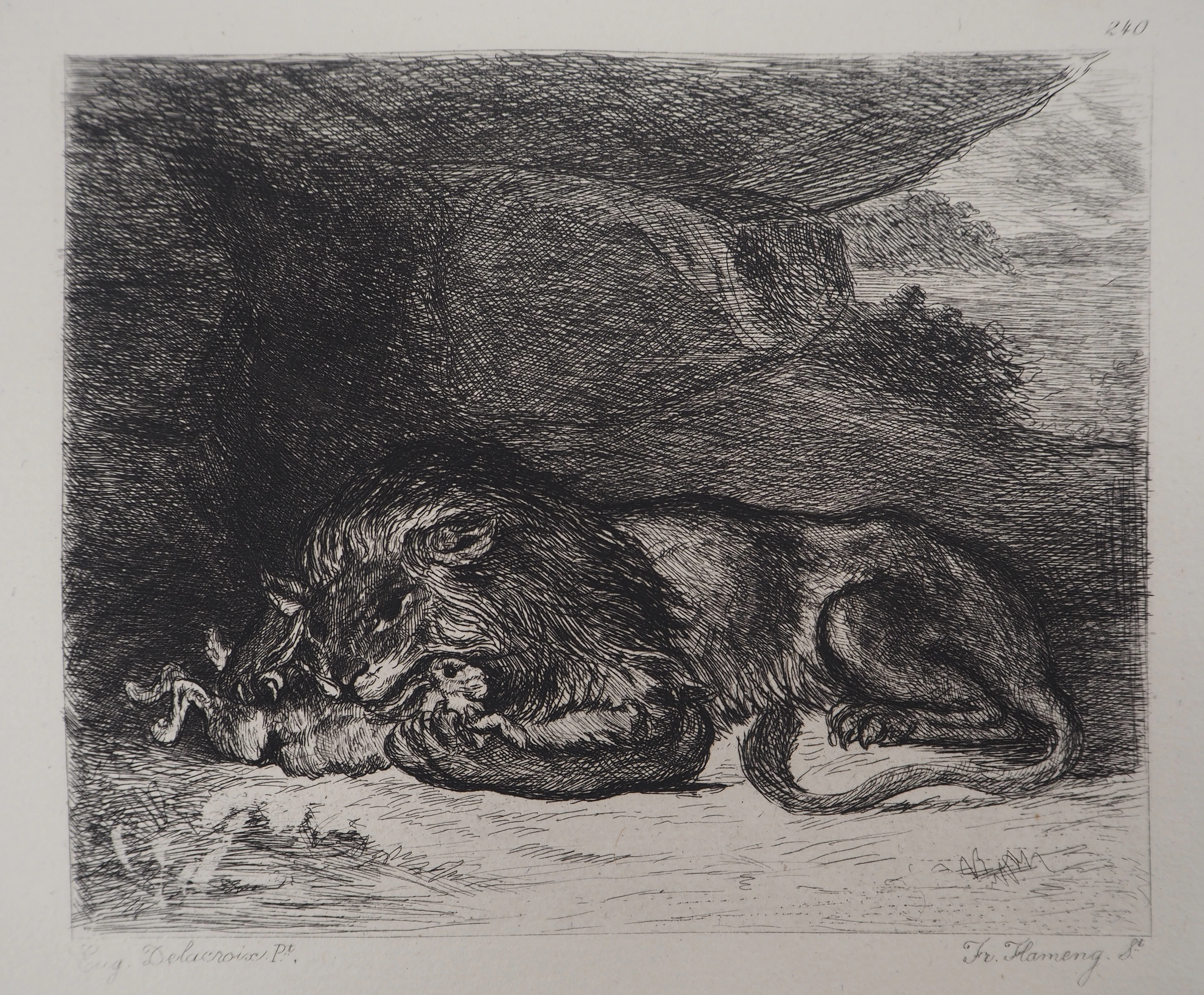 Eugène DELACROIX (d’après) - Lion et lapin - Gravure, Signée #Durand