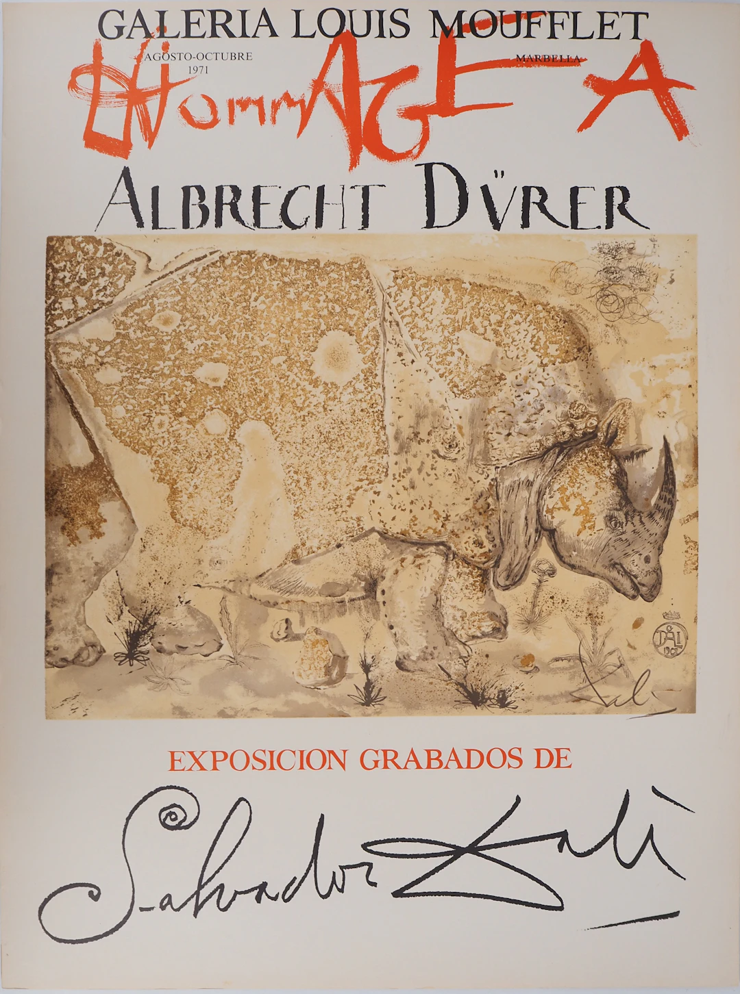 Salvador DALI : Rhinocéros, Hommage à Albrecht Dürer, Affiche en Lithographie