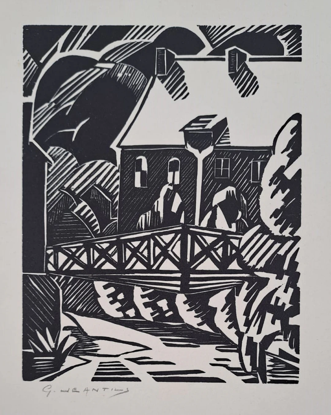 Georges Jeantils - Passerelle sur l’Oise, 1951 - Bois gravé - Signée