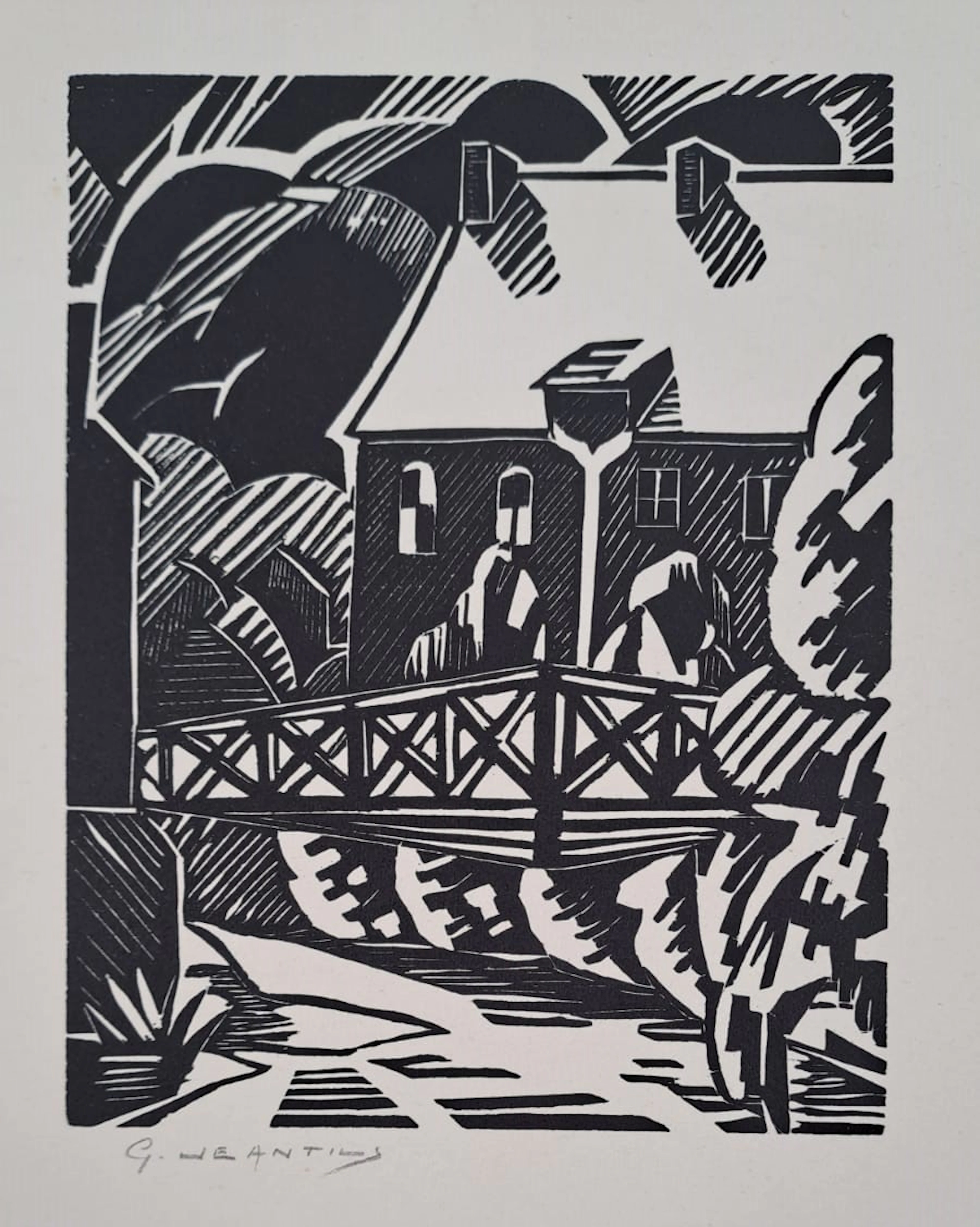 Georges Jeantils - Passerelle sur l’Oise, 1951 - Bois gravé - Signée