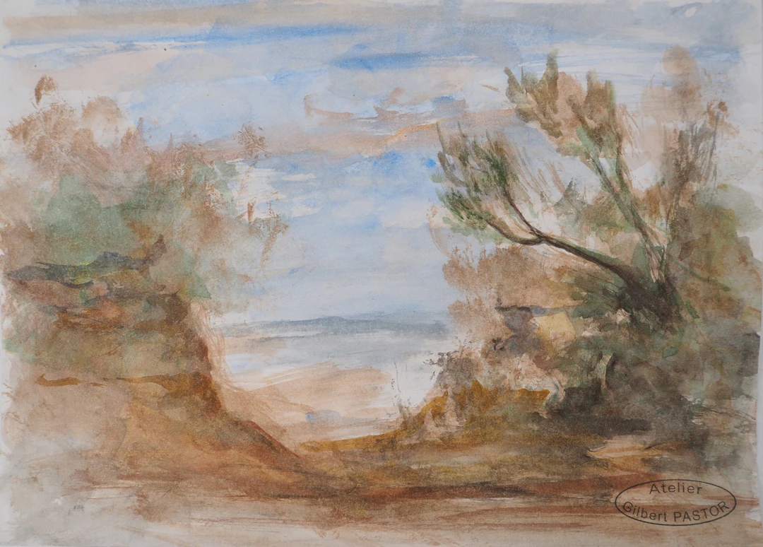Gilbert PASTOR : Vue sur la mer Méditerranée, Aquarelle originale signée