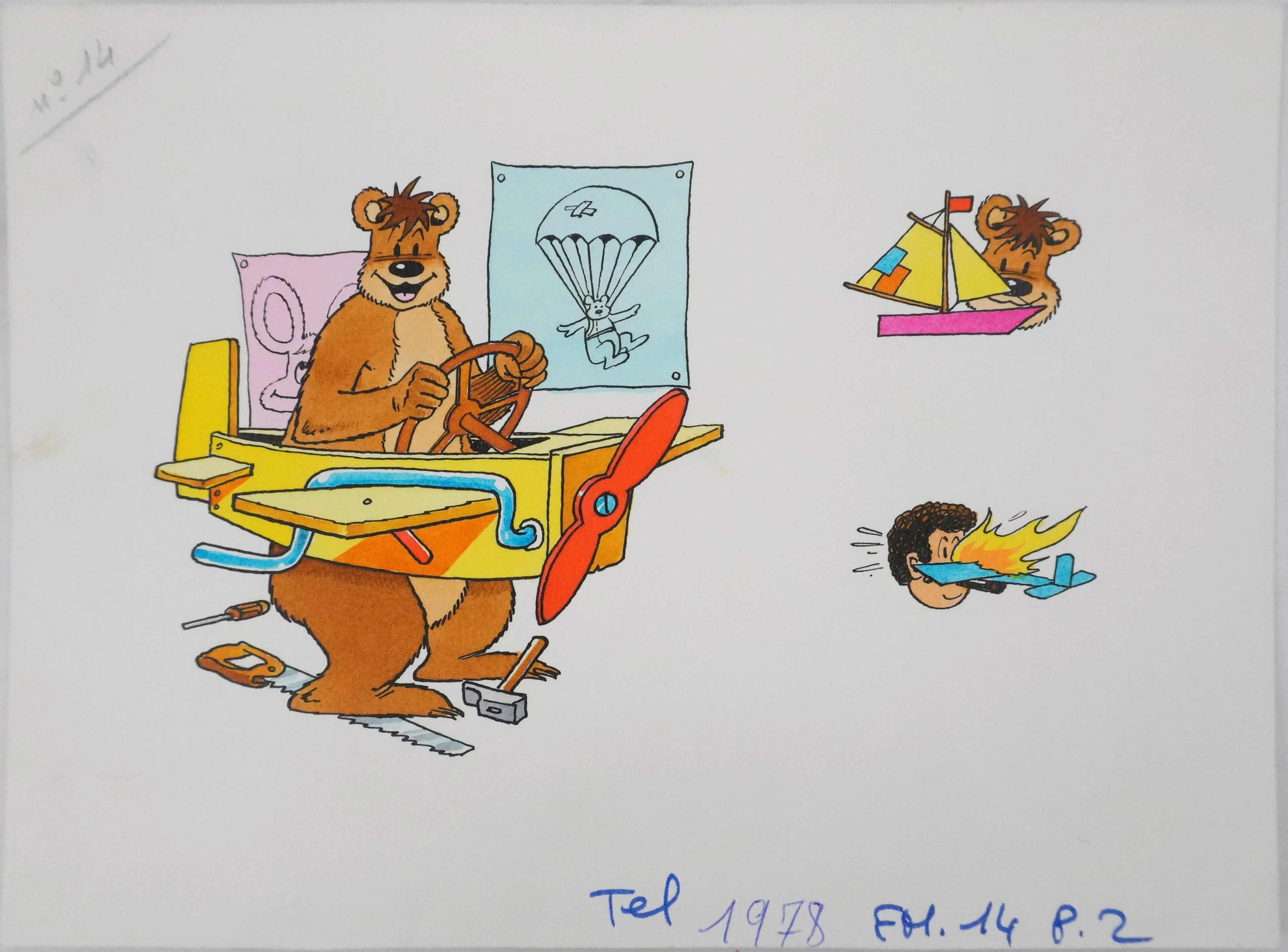 Roger BUSSEMEY : Nestor dans l'avion en bois, Aquarelle originale