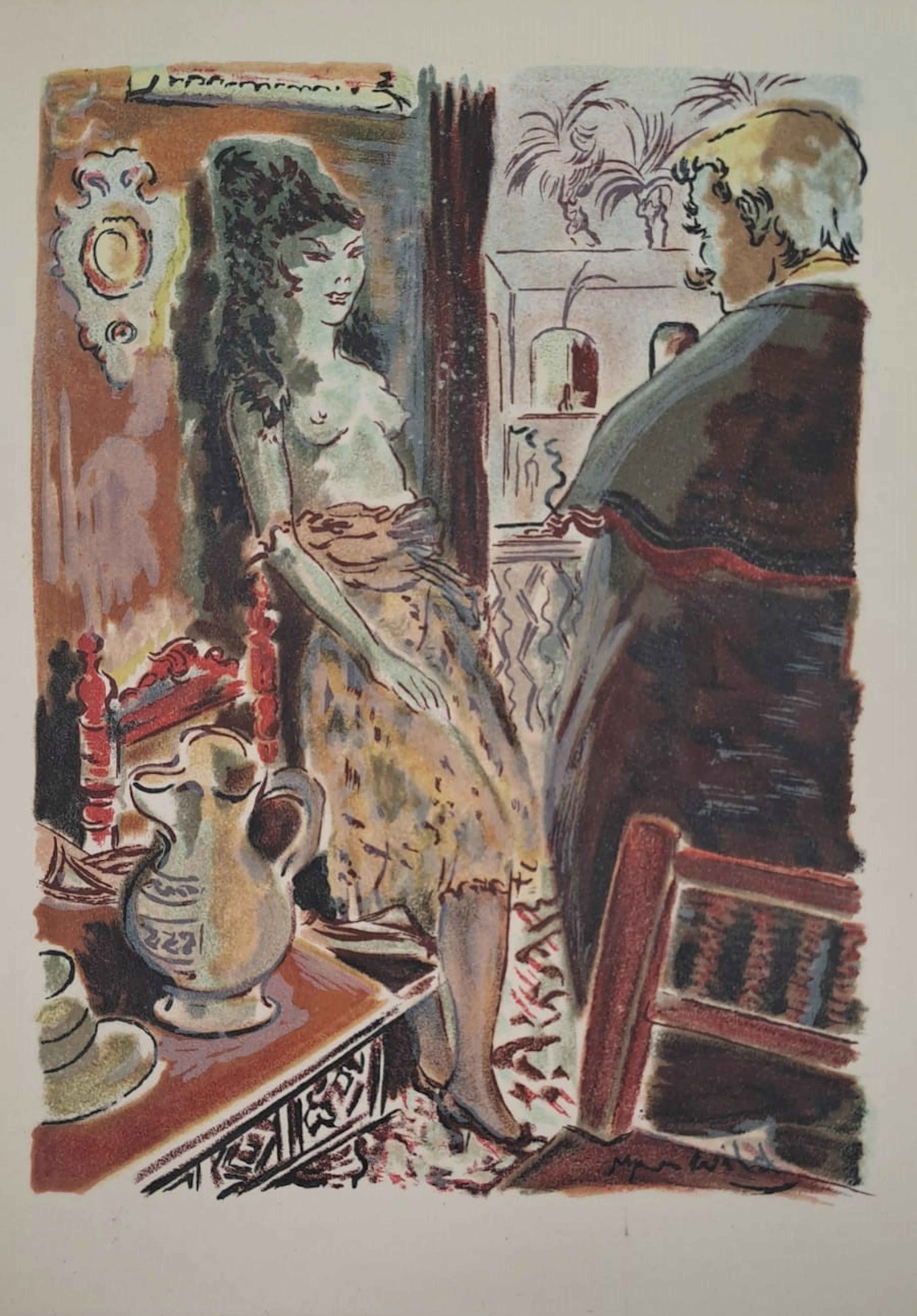 Roger Wild - Pause à demi nu - Lithographie originale signée